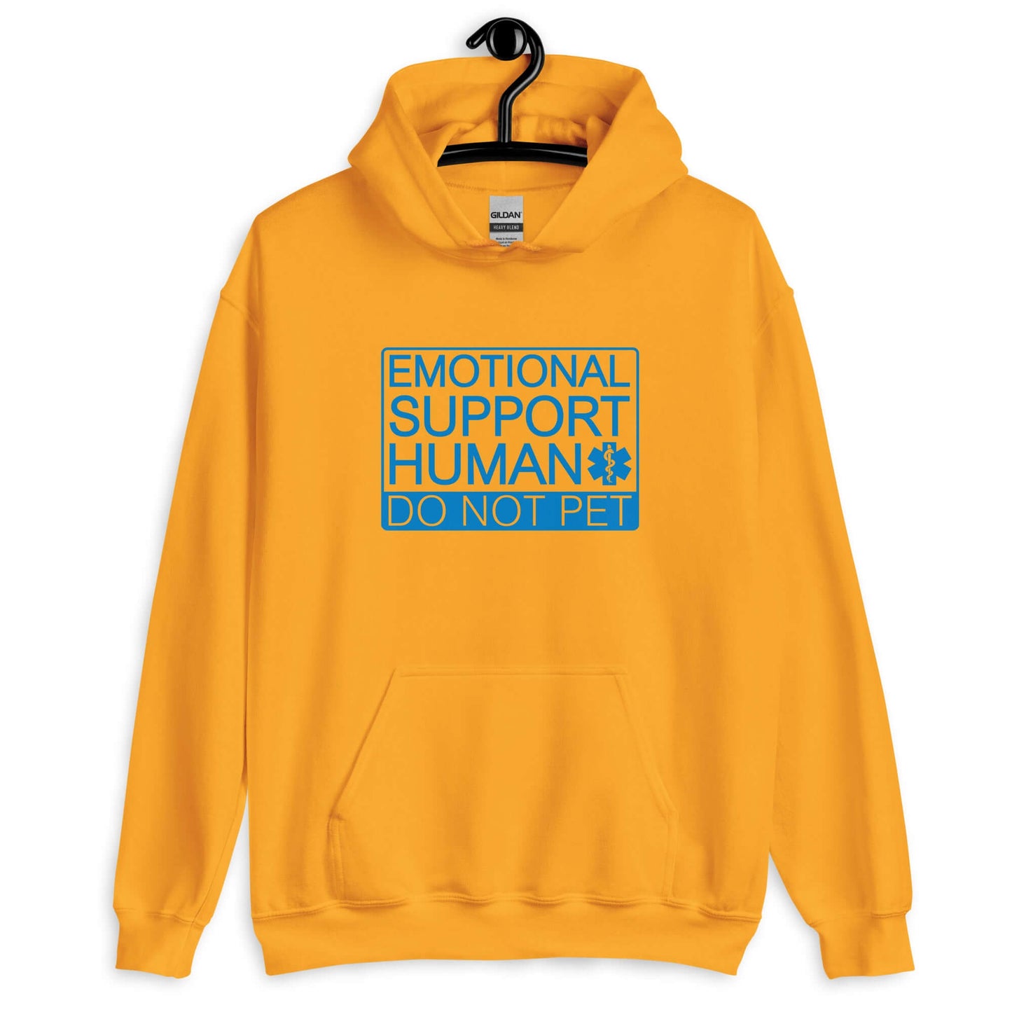 Golden yellow hoodie sweatshirt with the words Emotional support human, do not pet printed on the front.