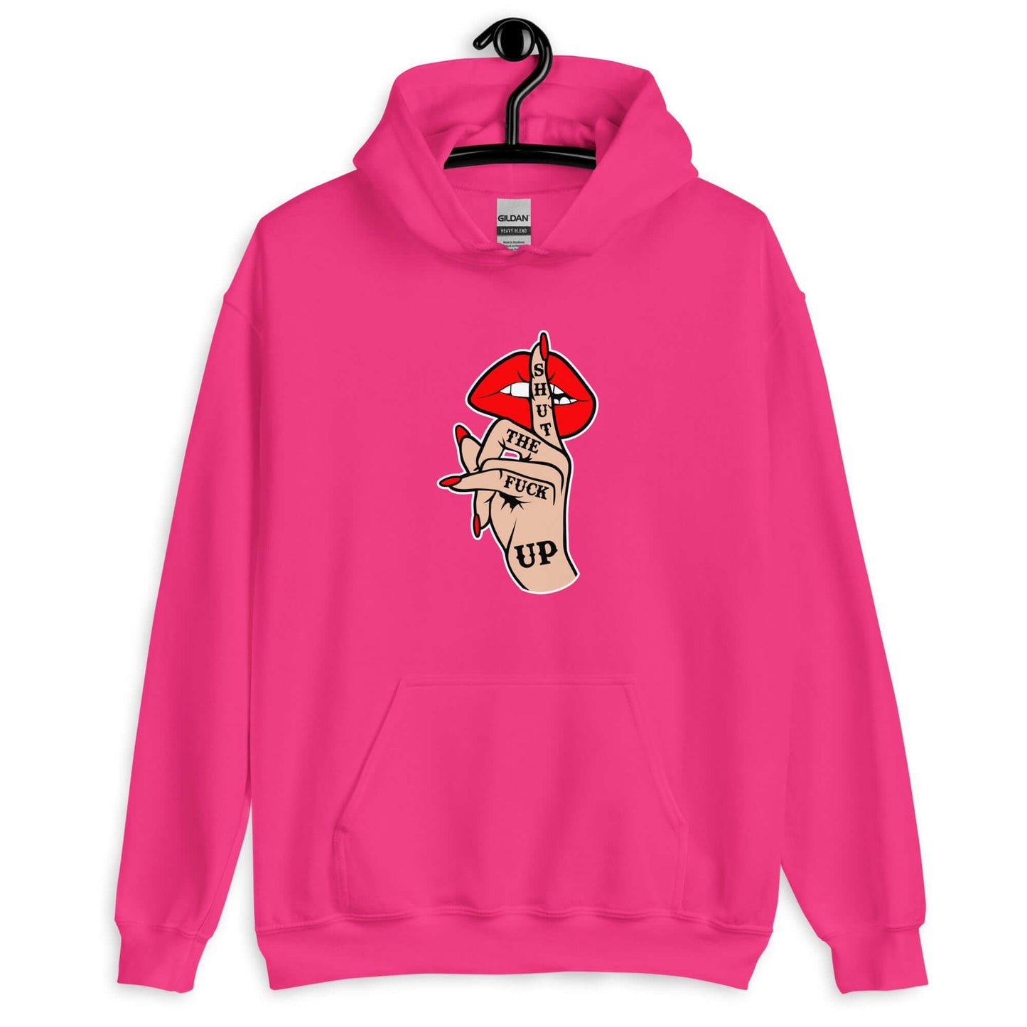 Heliconia pink hoodie sweatshirt with an image of a hand over lips making the shh gesture. The words Shut the fuck up are printed on the hand. The graphics are printed on the front of the hoodie.