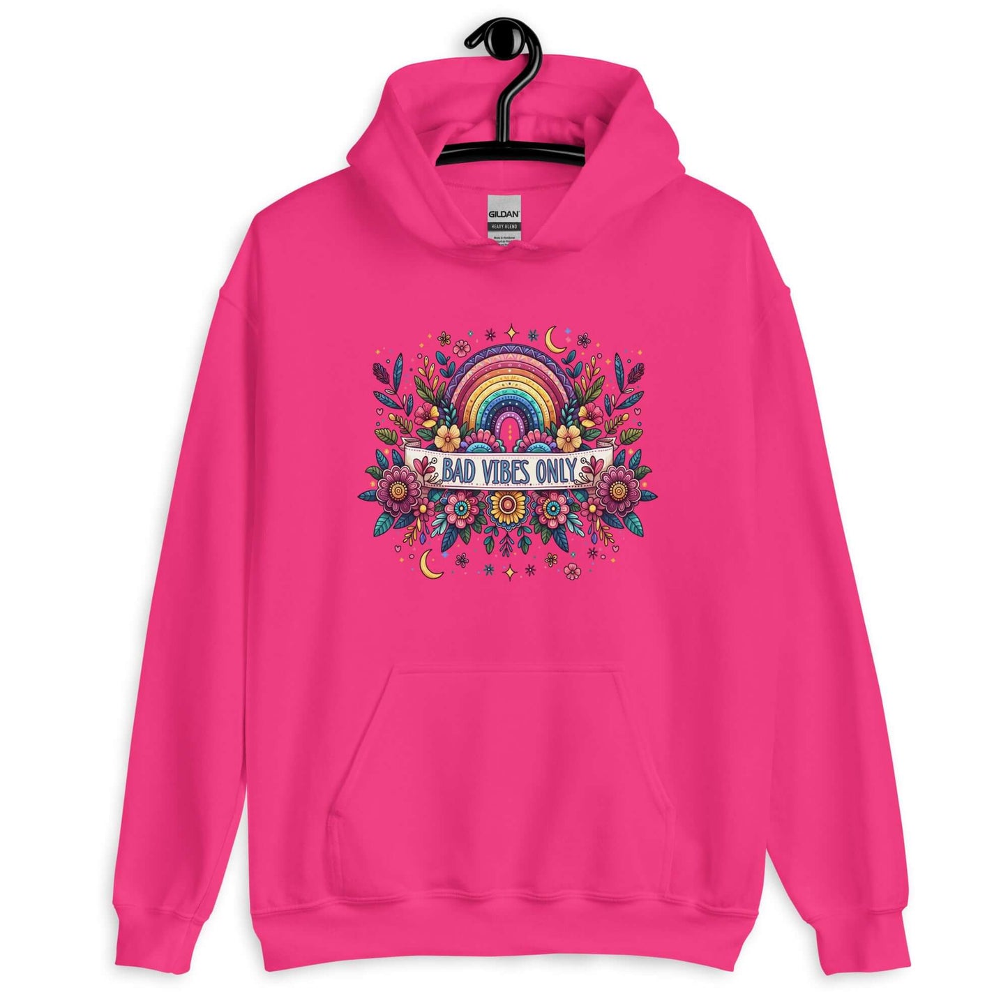 Heliconia pink hoodie sweatshirt with a colorful boho rainbow floral design and the phrase Bad Vibes Only printed on the front.