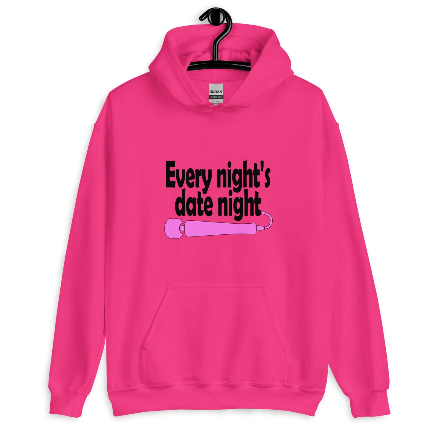 Heliconia pink hoodie sweatshirt with the phrase Every night is date night with a hot pink wand vibrator printed beneath. The graphics are printed on the front of the hoodie.