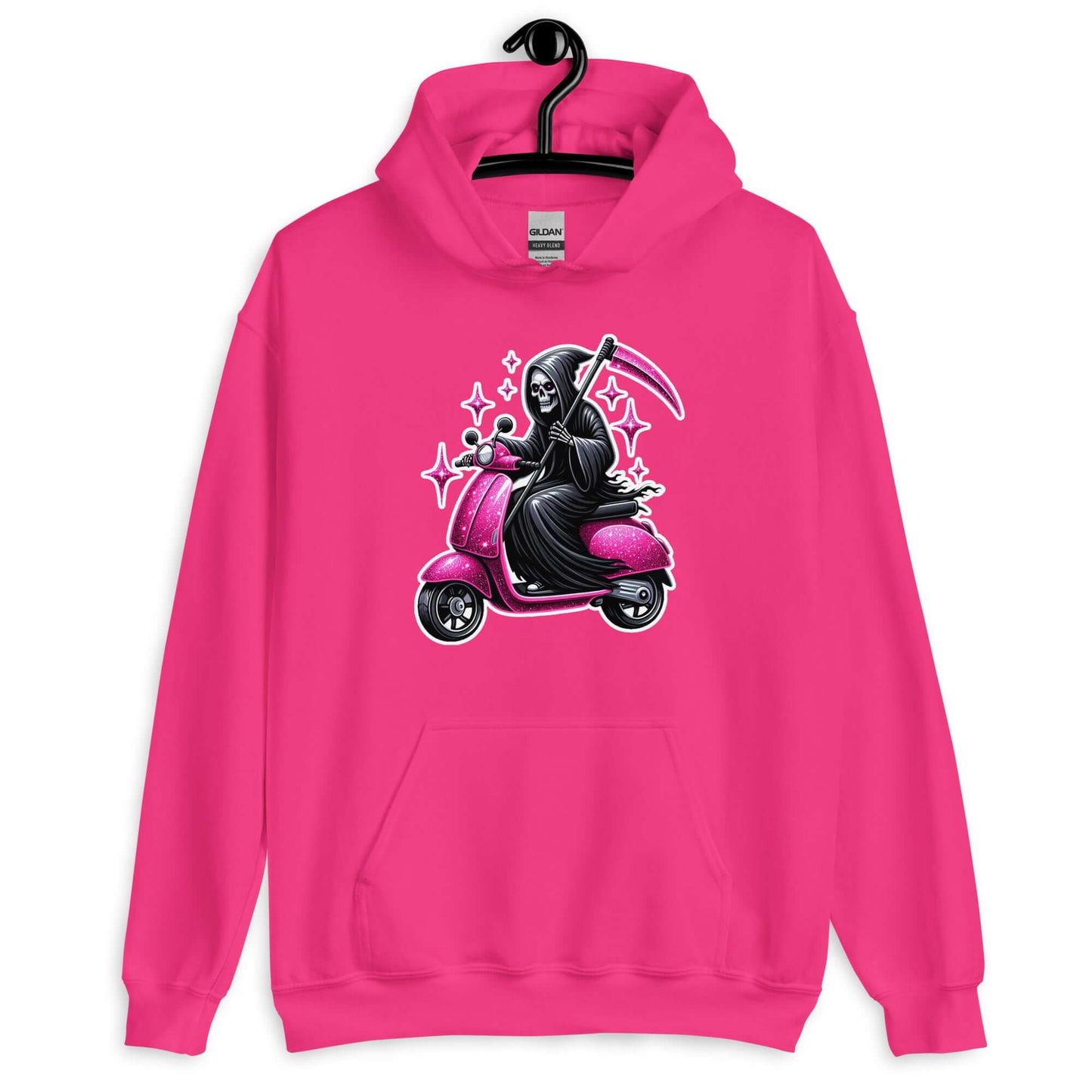 Heliconia pink hoodie sweatshirt with funny image of the Grim Reaper riding on a glam pink scooter printed on the front.