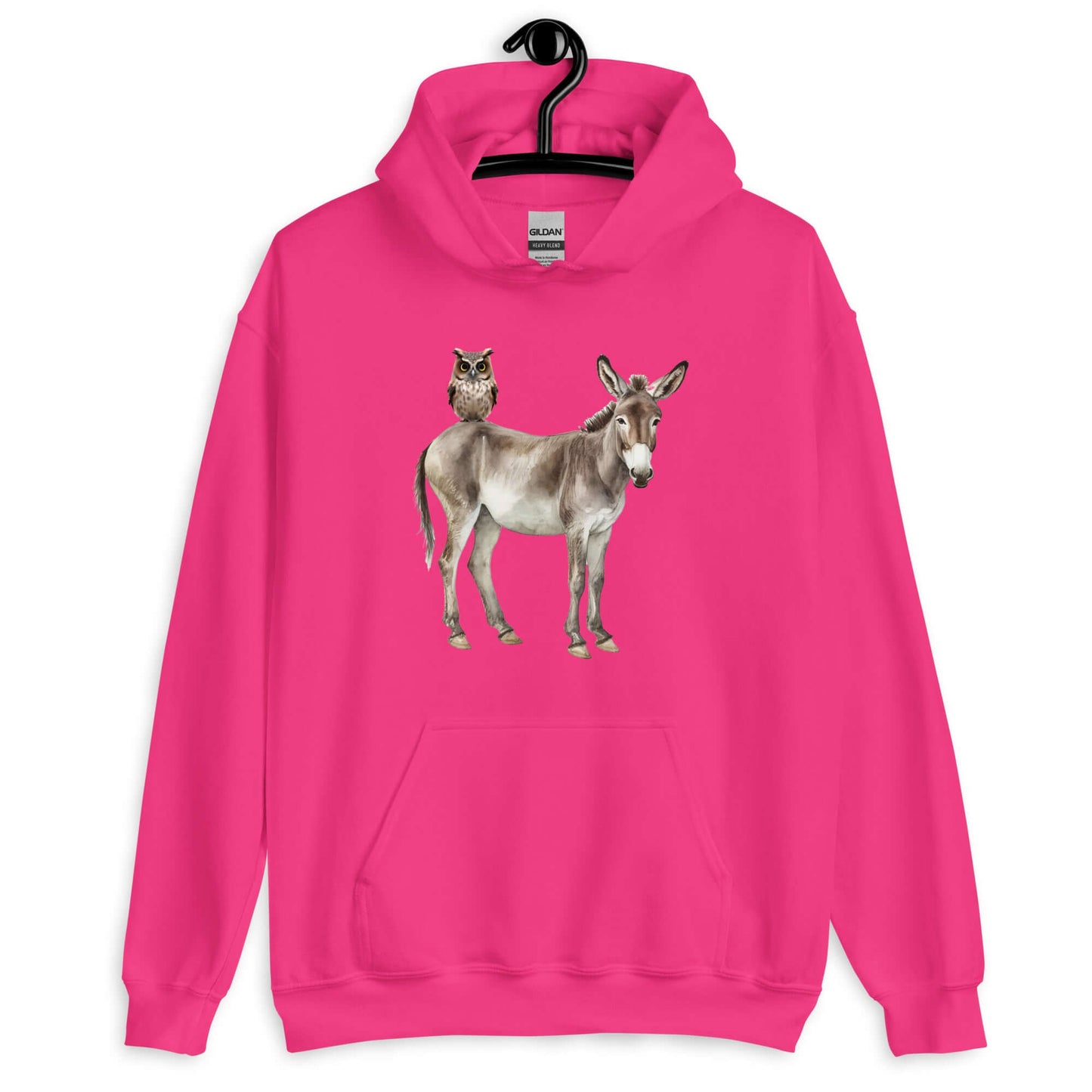 Heliconia pink hoodie sweatshirt with image of a donkey with wise owl sitting on it. The graphic is printed on the front of the hoodie.