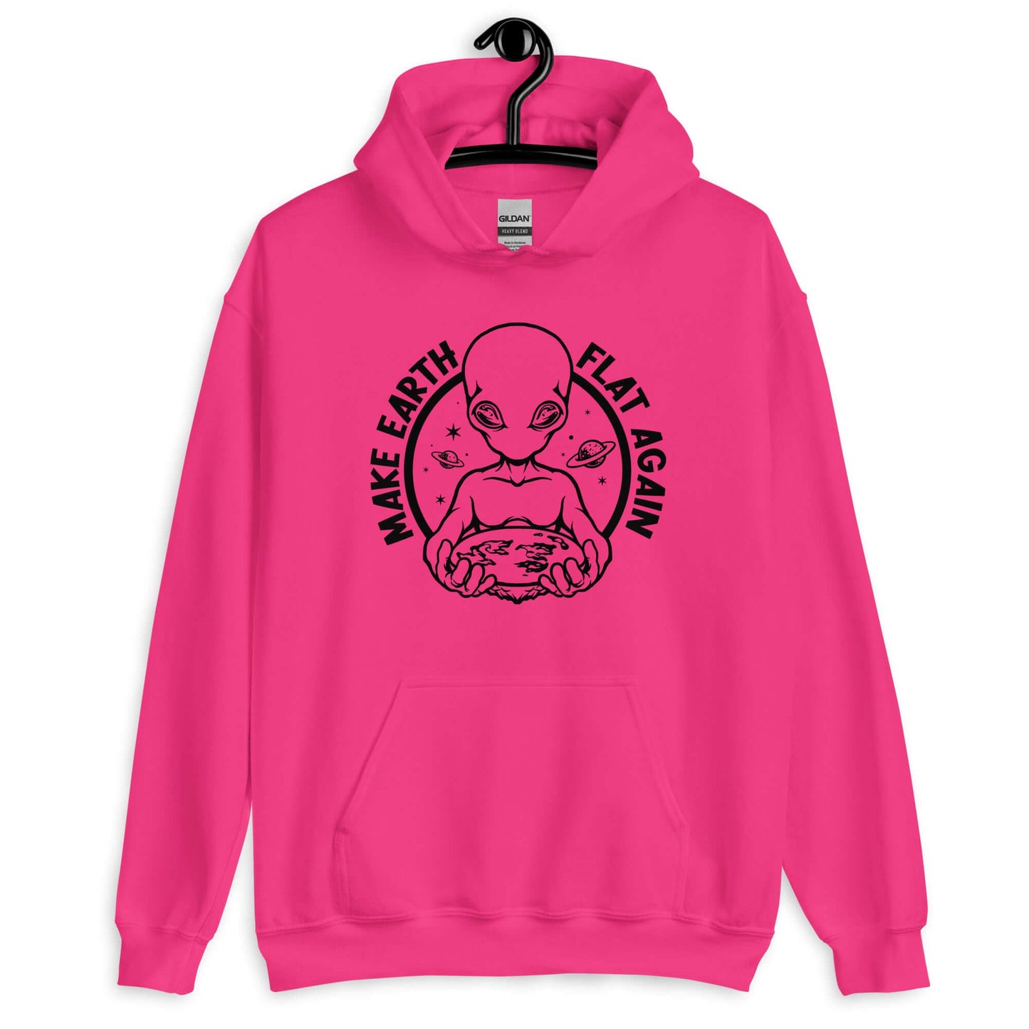 Heliconia pink hoodie sweatshirt with a image of alien holding flat earth and the phrase Make earth flat again printed on the front.