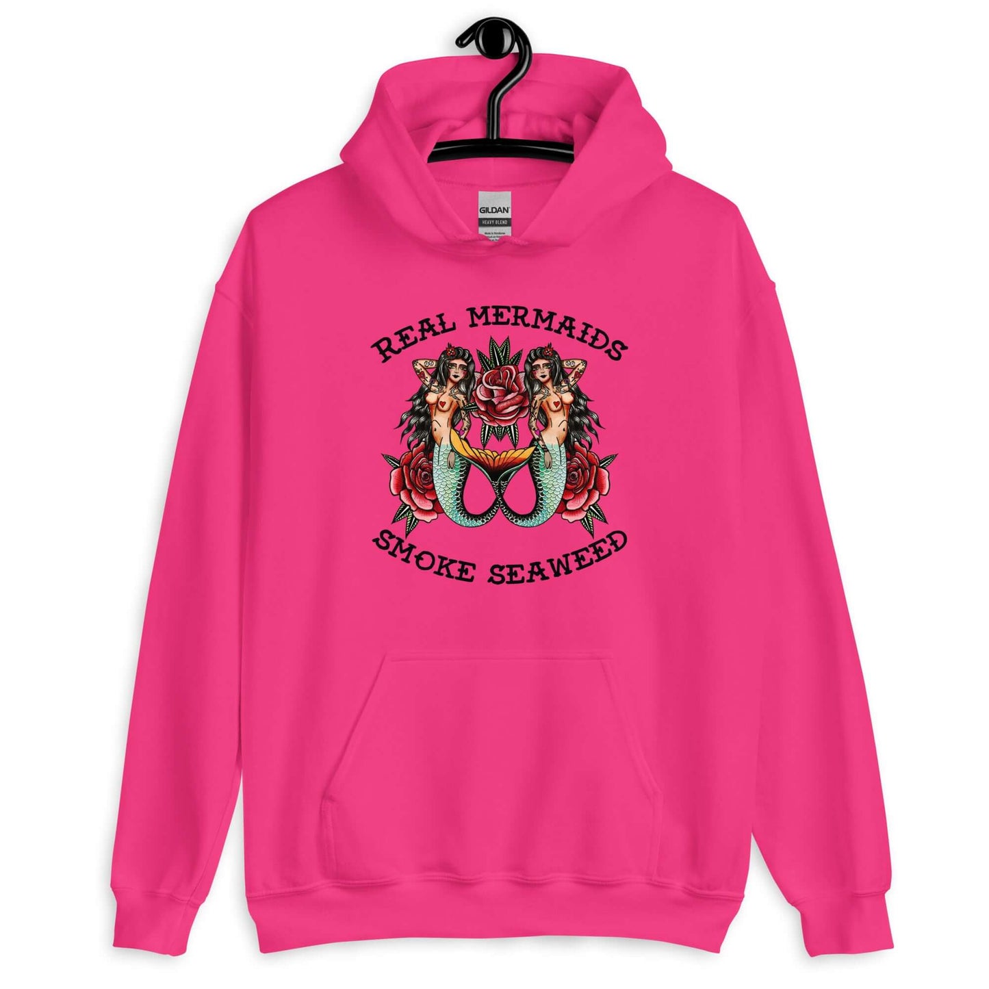 Heliconia pink hoodie sweatshirt with image of 2 mermaids and the words Real mermaids smoke seaweed printed on the front.