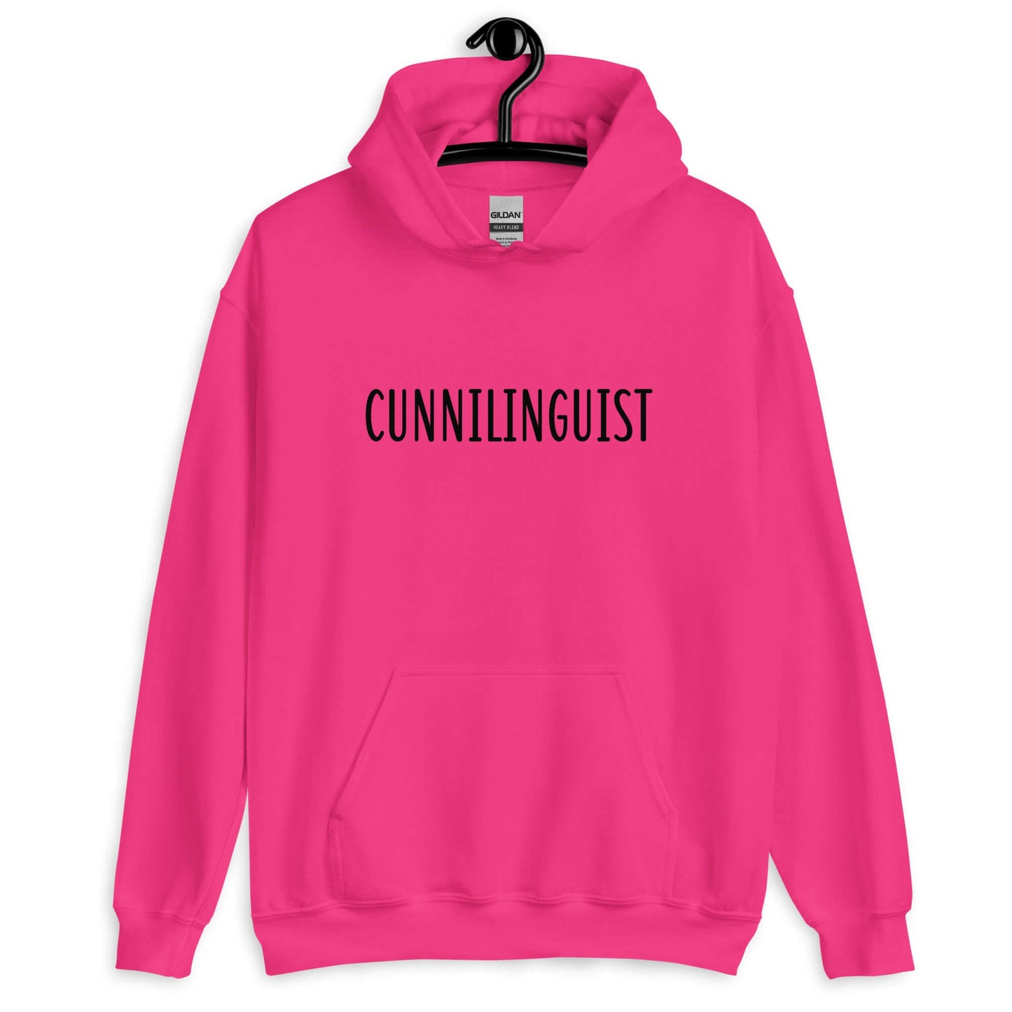 Heliconia pink hoodie sweatshirt with the word Cunnilinguist printed on the front.