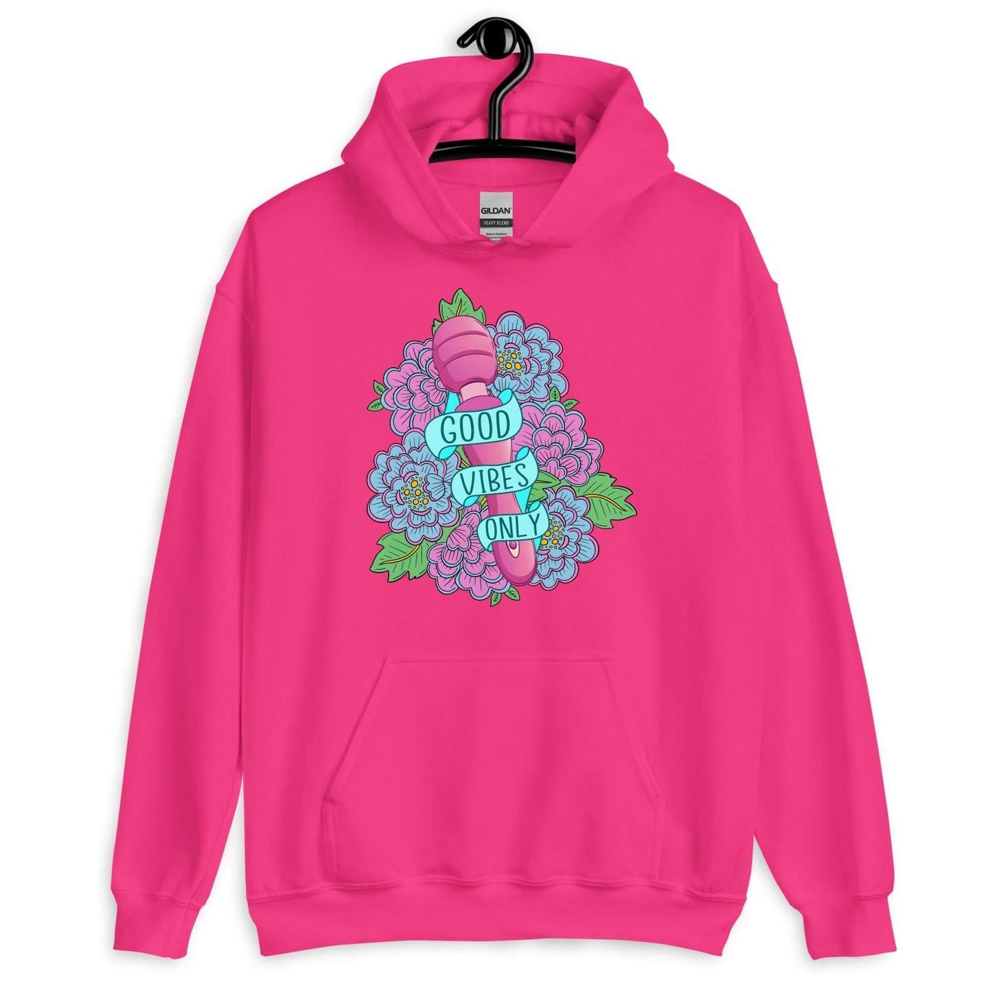 Heliconia pink hoodie sweatshirt with graphic design that has the words Good vibes only layered over a pink wand vibrator with flowers around. The graphic design is printed on the front of the hoodie.
