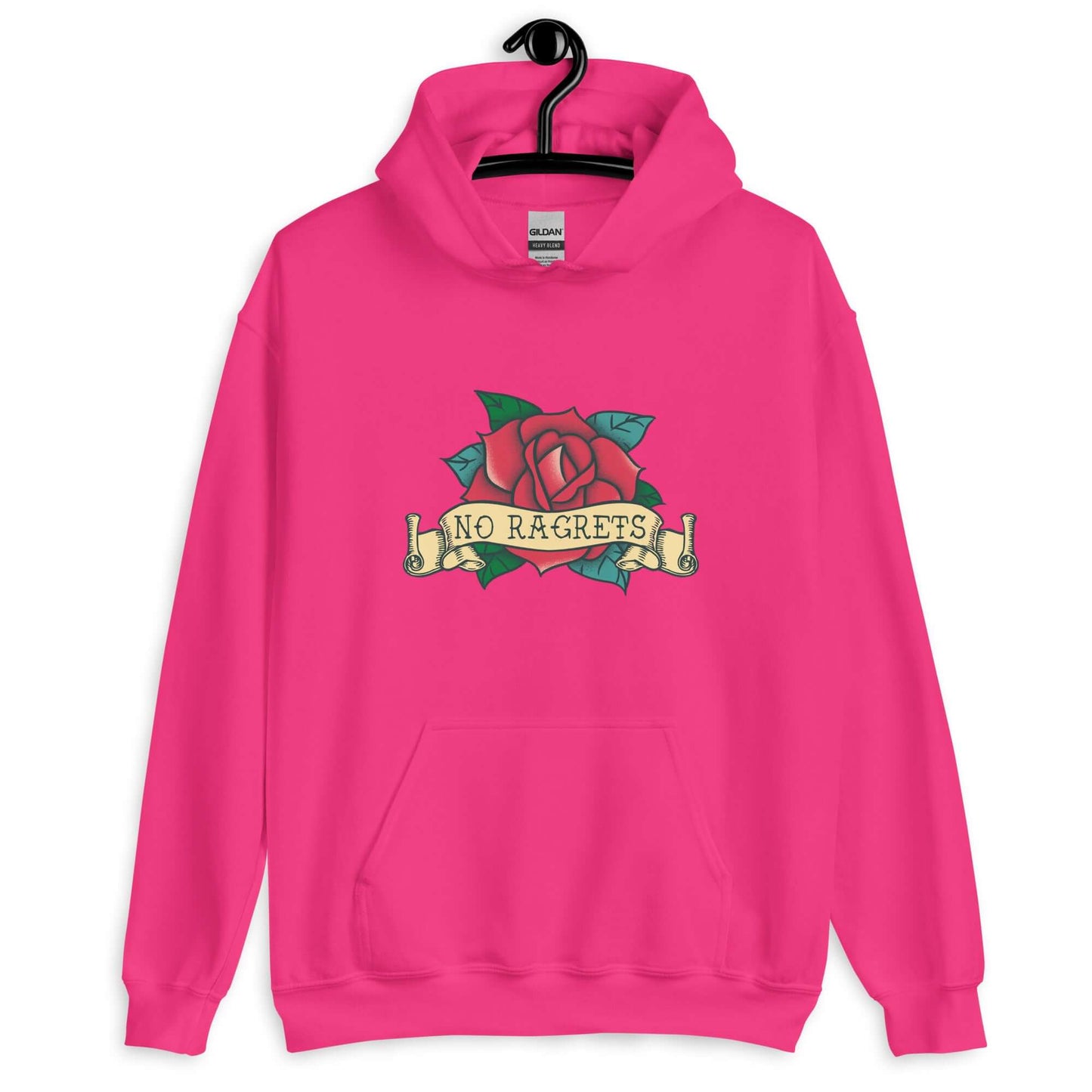 Heliconia pink hoodie sweatshirt with funny image of an old school rose flash tattoo with the words no ragrets intentionally misspelled. Product mockup Product mockup