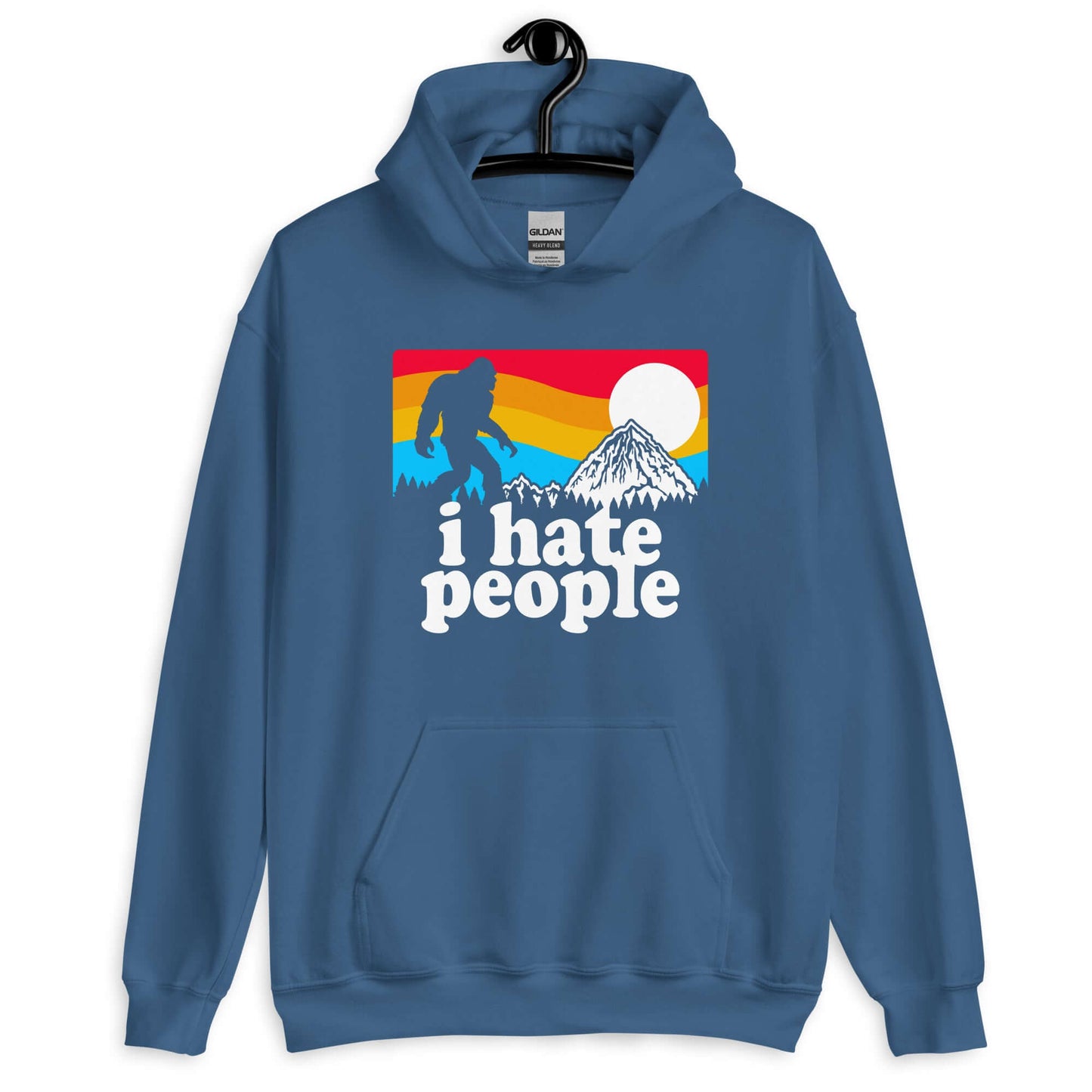 Indigo blue hoodie sweatshirt with graphic of Bigfoot walking into the sunset with the words I hate people printed on the front.