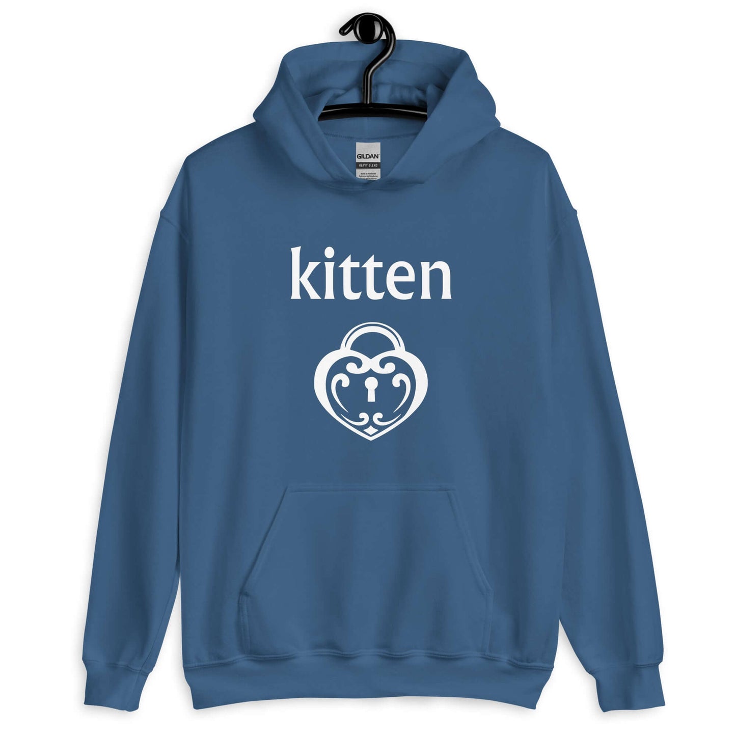 Indigo blue hoodie sweatshirt with an image of a heart shaped lock and the word kitten printed on the front.