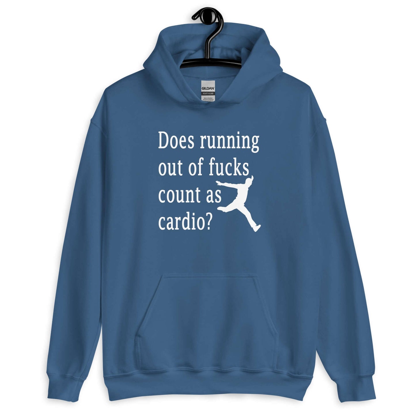 Indigo blue hoodie sweatshirt with a silhouette image of a running person with the phrase Does running out of fucks count as cardio question mark printed on the front.
