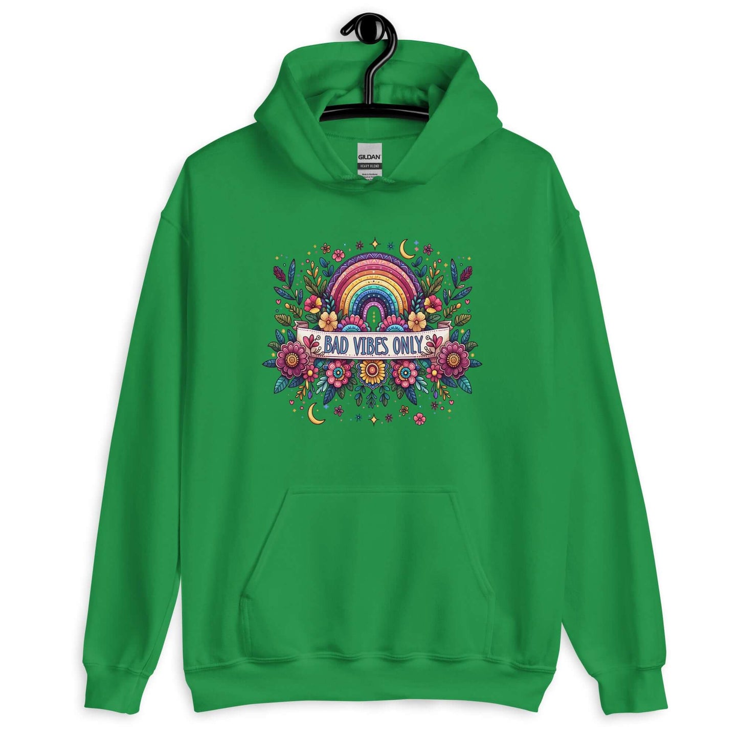 Irish green hoodie sweatshirt with a colorful boho rainbow floral design and the phrase Bad Vibes Only printed on the front.