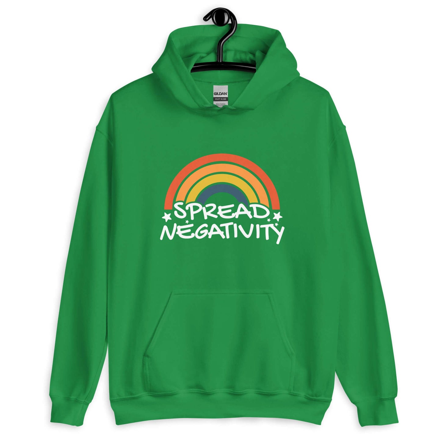 Irish green hoodie sweatshirt with a graphic of a rainbow and the words Spread negativity printed on the front.