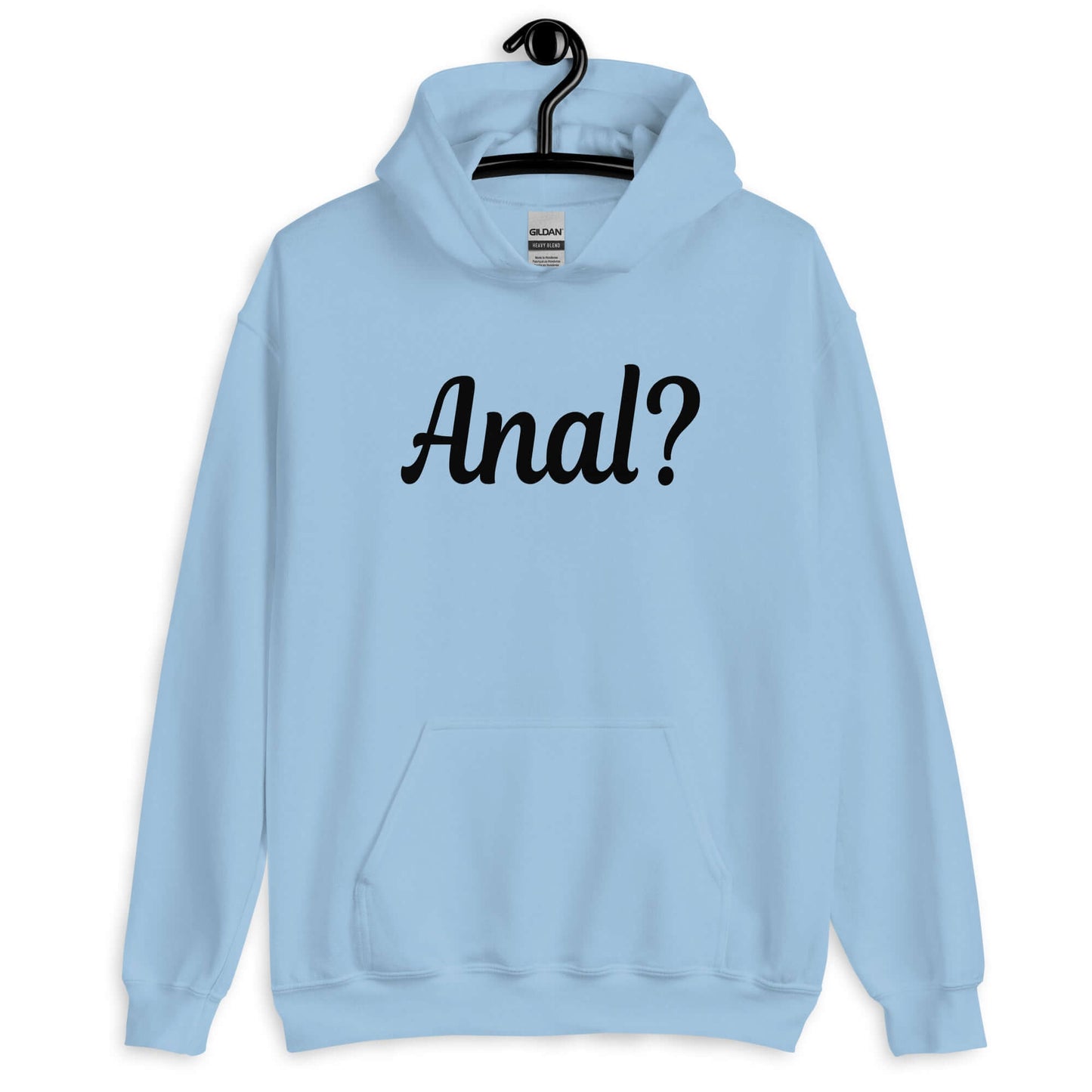 Light blue hoodie sweatshirt with the word Anal with a question mark printed on the front.