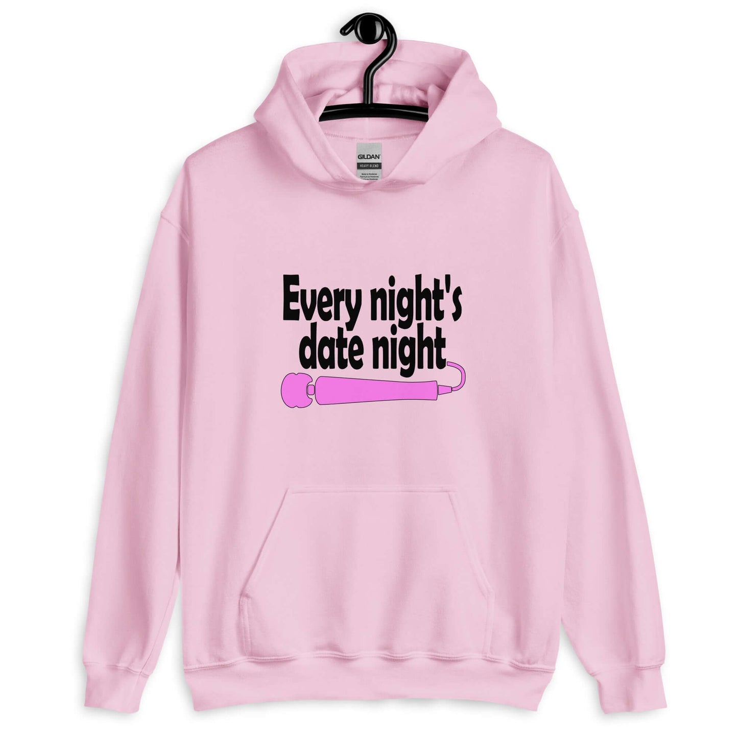 Light pink hoodie sweatshirt with the phrase Every night is date night with a hot pink wand vibrator printed beneath. The graphics are printed on the front of the hoodie.