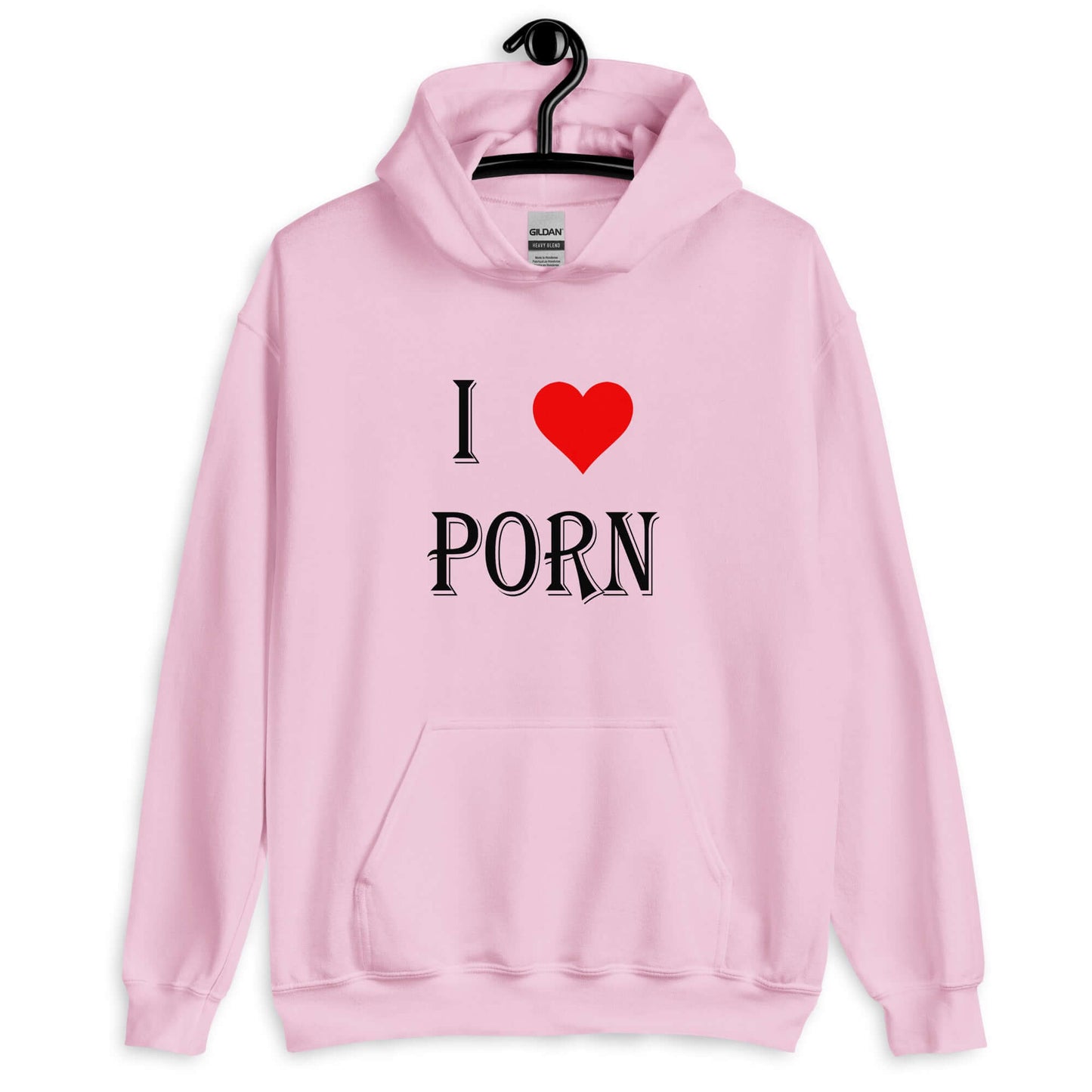 Light pink hoodie sweatshirt with the phrase I heart porn printed on the front. The heart is red.