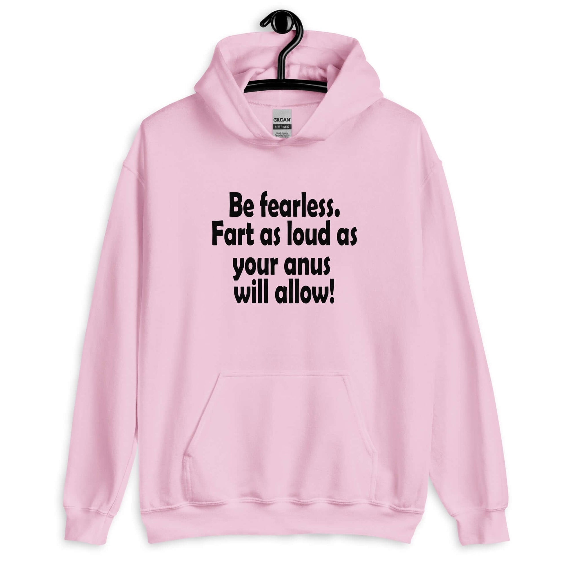 Light pink hoodie sweatshirt with the phrase Be fearless. Fart as loud as your anus will allow printed on the front.