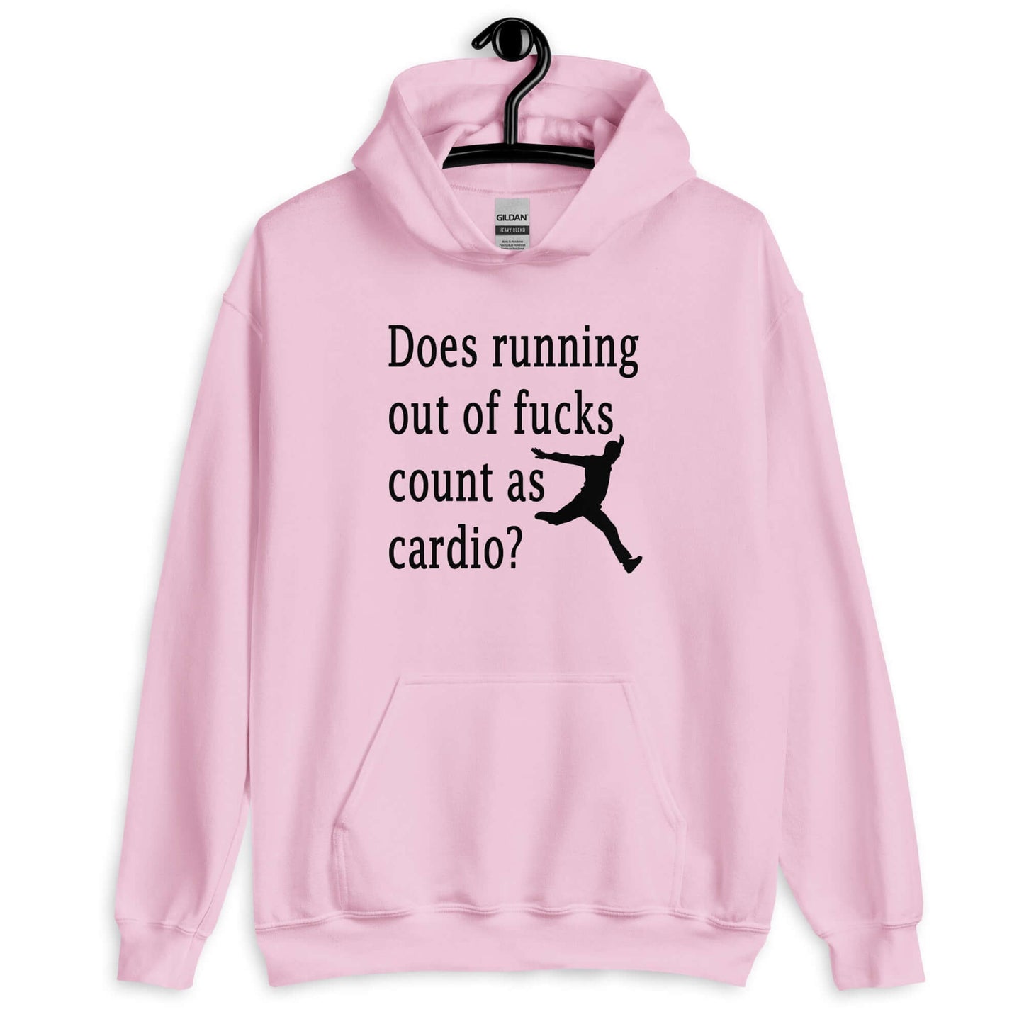 Light pink hoodie sweatshirt with a silhouette image of a running person with the phrase Does running out of fucks count as cardio question mark printed on the front.
