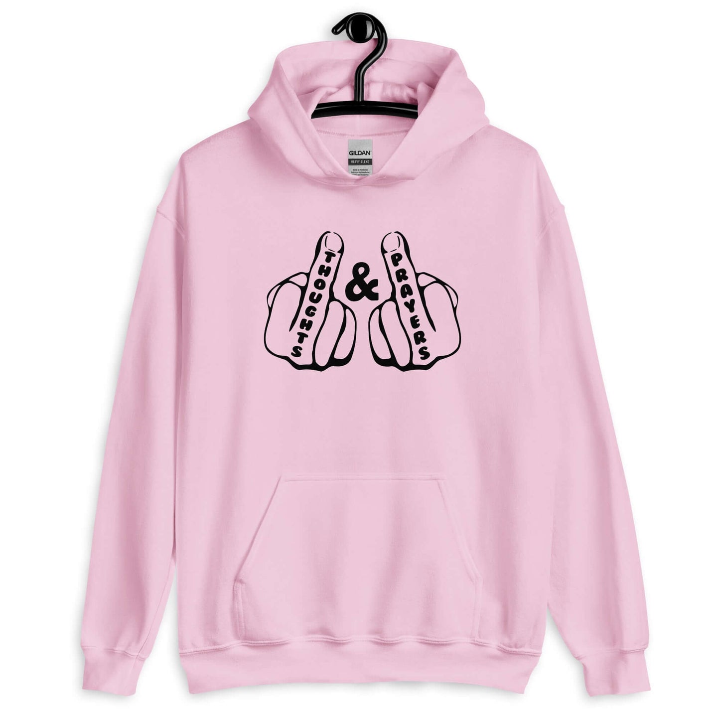Light pink hoodie sweatshirt with an image of 2 line drawing hands with the middle fingers up. The word Thoughts is printed on one middle finger and the word Prayers is printed on the other middle finger. The graphics are printed on the front.