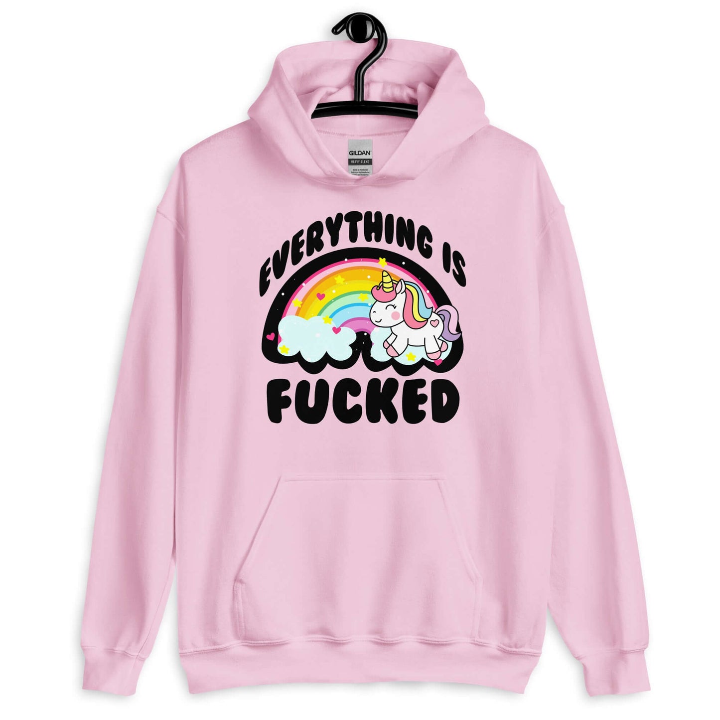 Light pink hoodie sweatshirt with a graphic of a kawaii style unicorn and a pastel rainbow with the words Everything is fucked printed on the front.