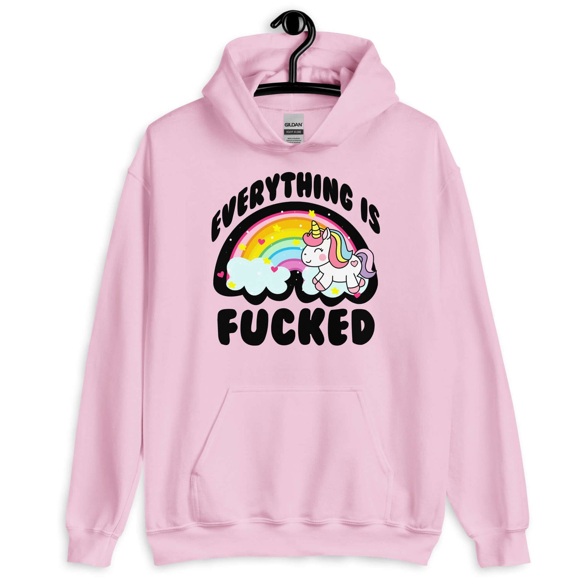 Light pink hoodie sweatshirt with a graphic of a kawaii style unicorn and a pastel rainbow with the words Everything is fucked printed on the front.