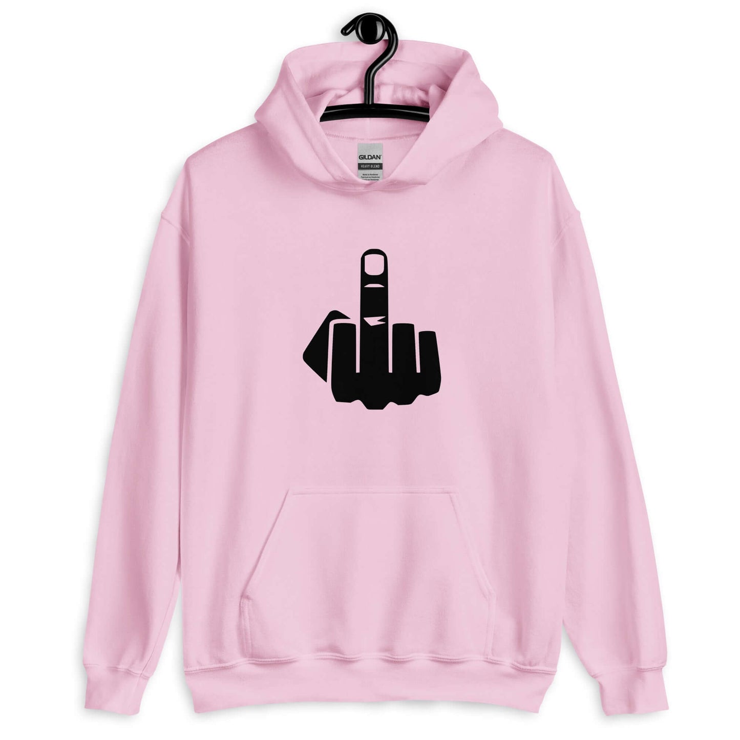 Light pink hoodie sweatshirt with an image of middle finger silhouette printed on the front.