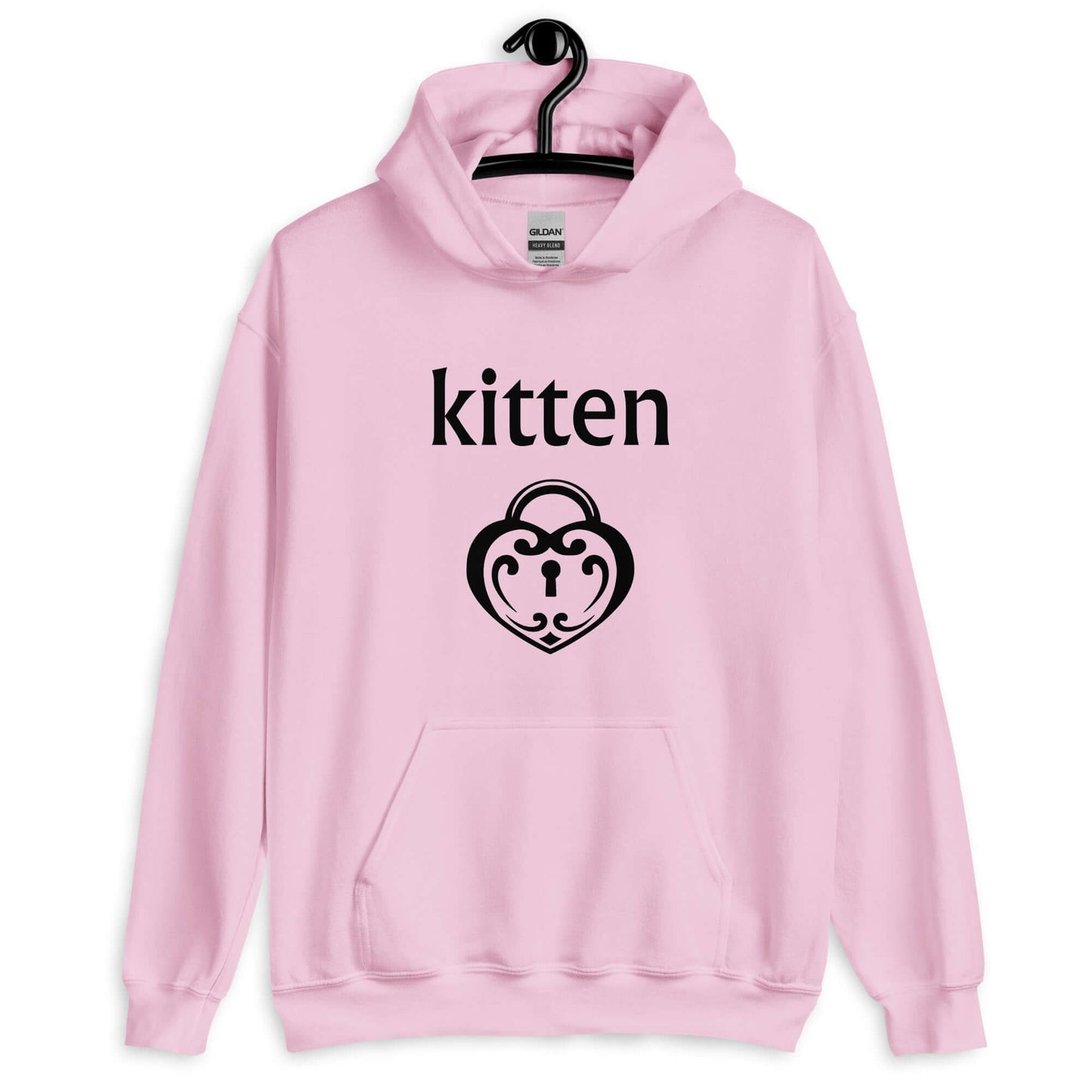 Light pink hoodie sweatshirt with an image of a heart shaped lock and the word kitten printed on the front.