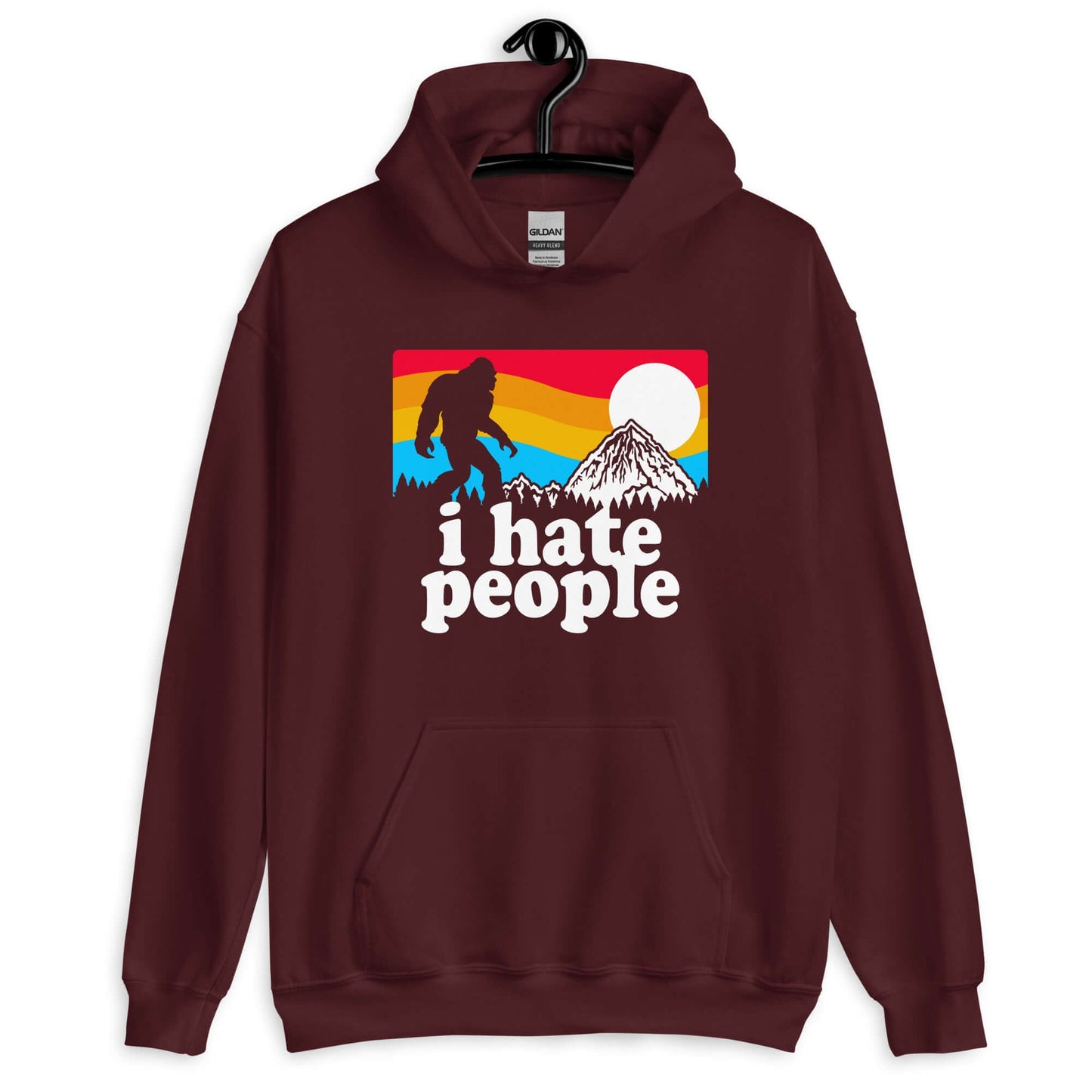 Maroon hoodie sweatshirt with graphic of Bigfoot walking into the sunset with the words I hate people printed on the front.