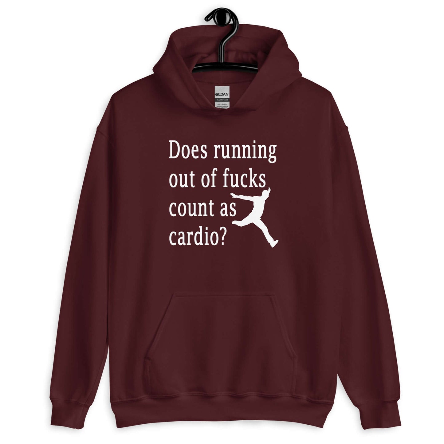 Maroon hoodie sweatshirt with a silhouette image of a running person with the phrase Does running out of fucks count as cardio question mark printed on the front.