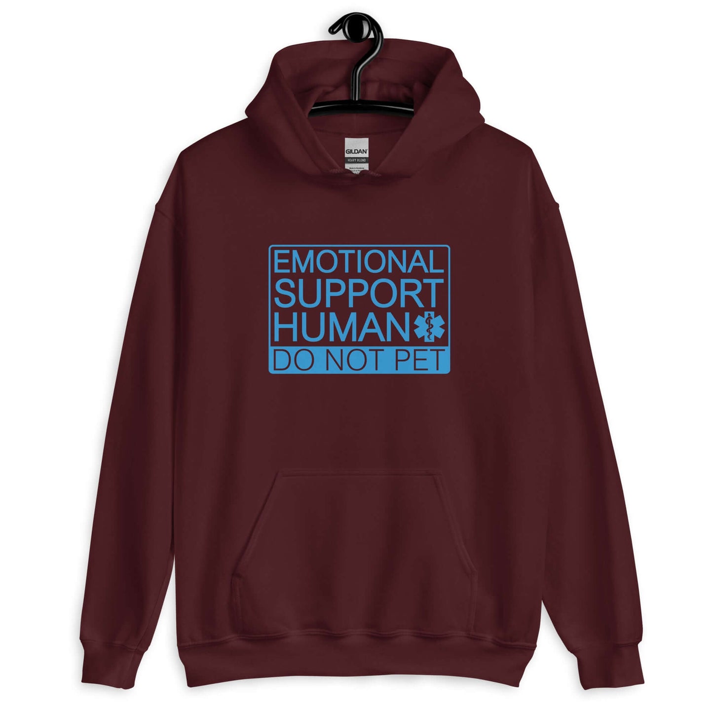 Maroon hoodie sweatshirt with the words Emotional support human, do not pet printed on the front.