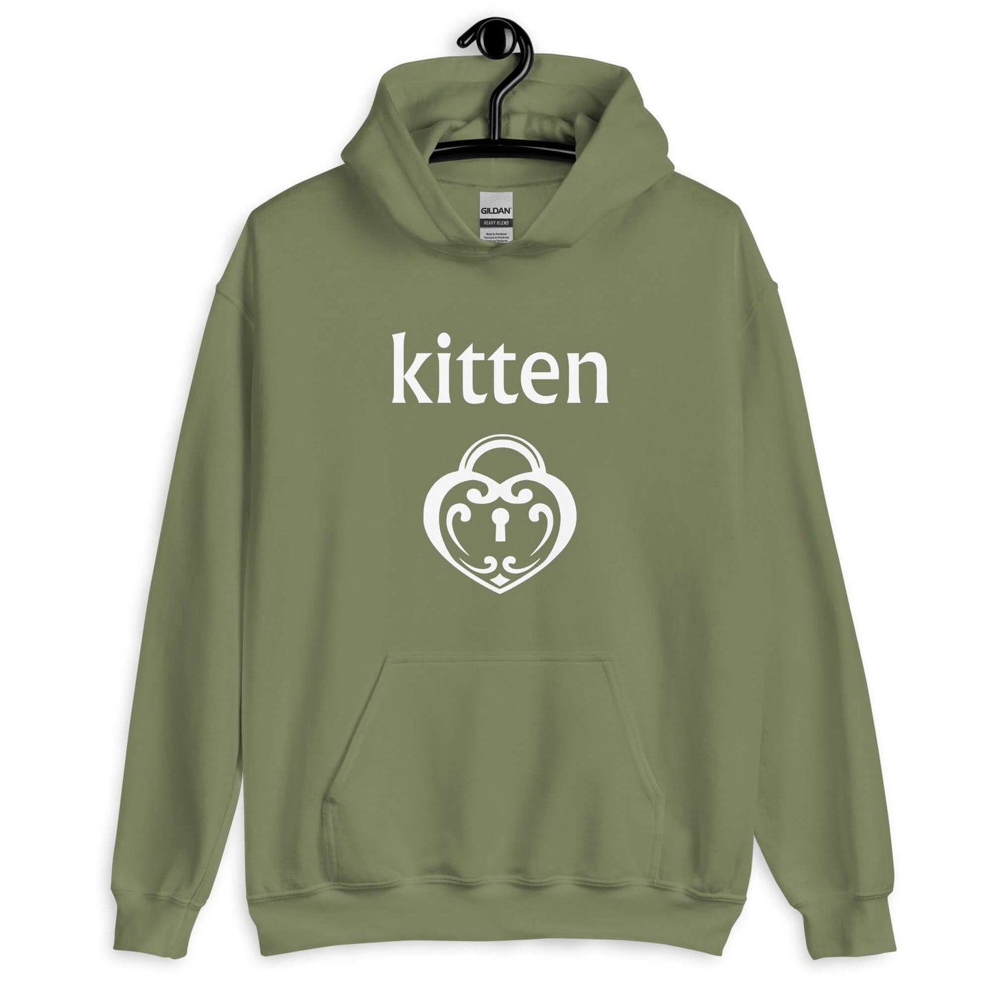 Military green hoodie sweatshirt with an image of a heart shaped lock and the word kitten printed on the front.