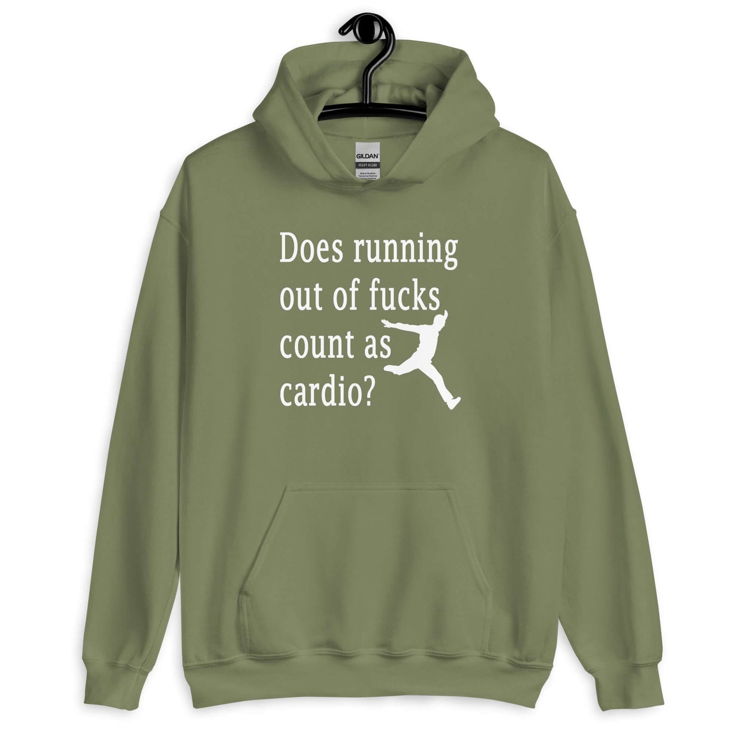 Military green hoodie sweatshirt with a silhouette image of a running person with the phrase Does running out of fucks count as cardio question mark printed on the front.