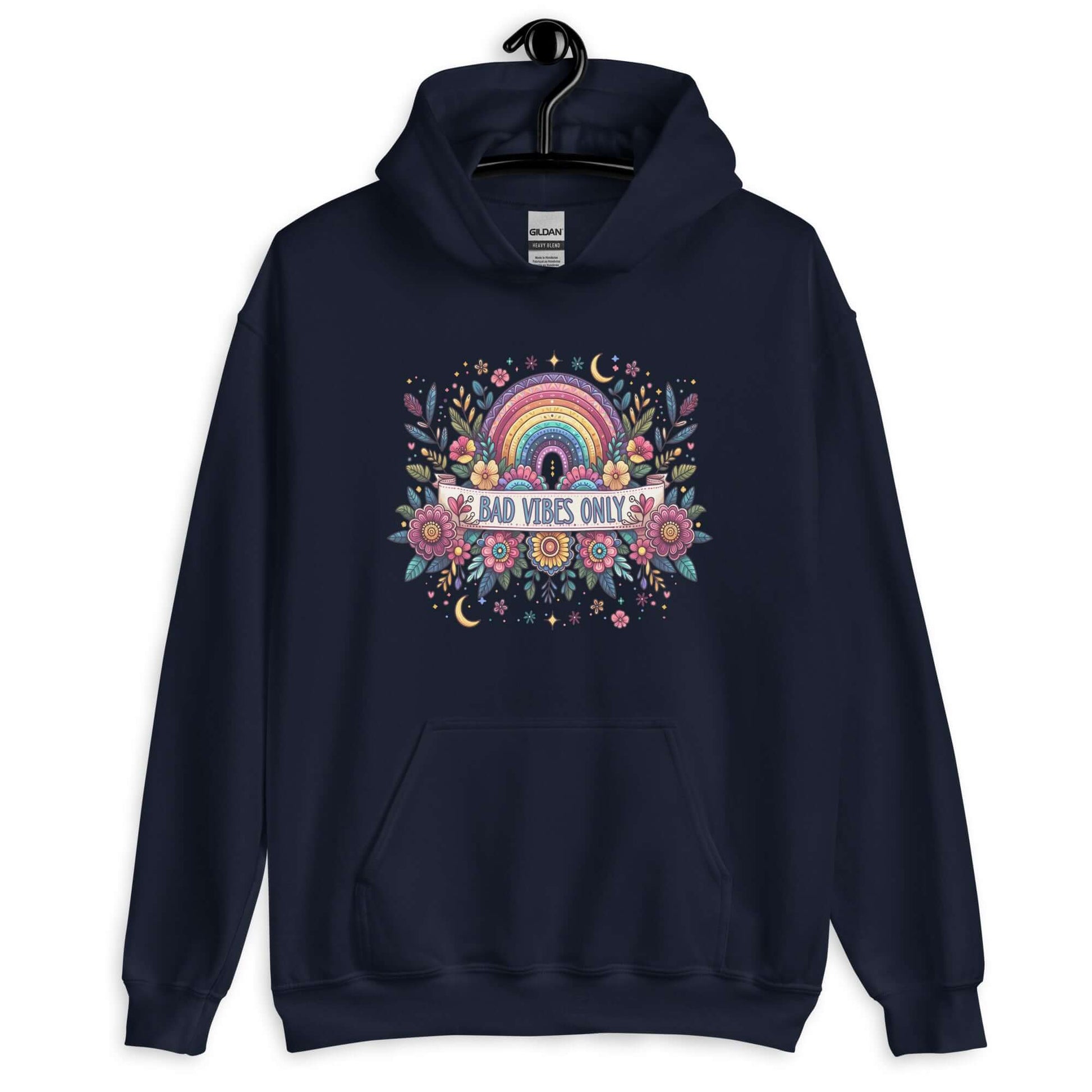 Navy blue hoodie sweatshirt with a colorful boho rainbow floral design and the phrase Bad Vibes Only printed on the front.