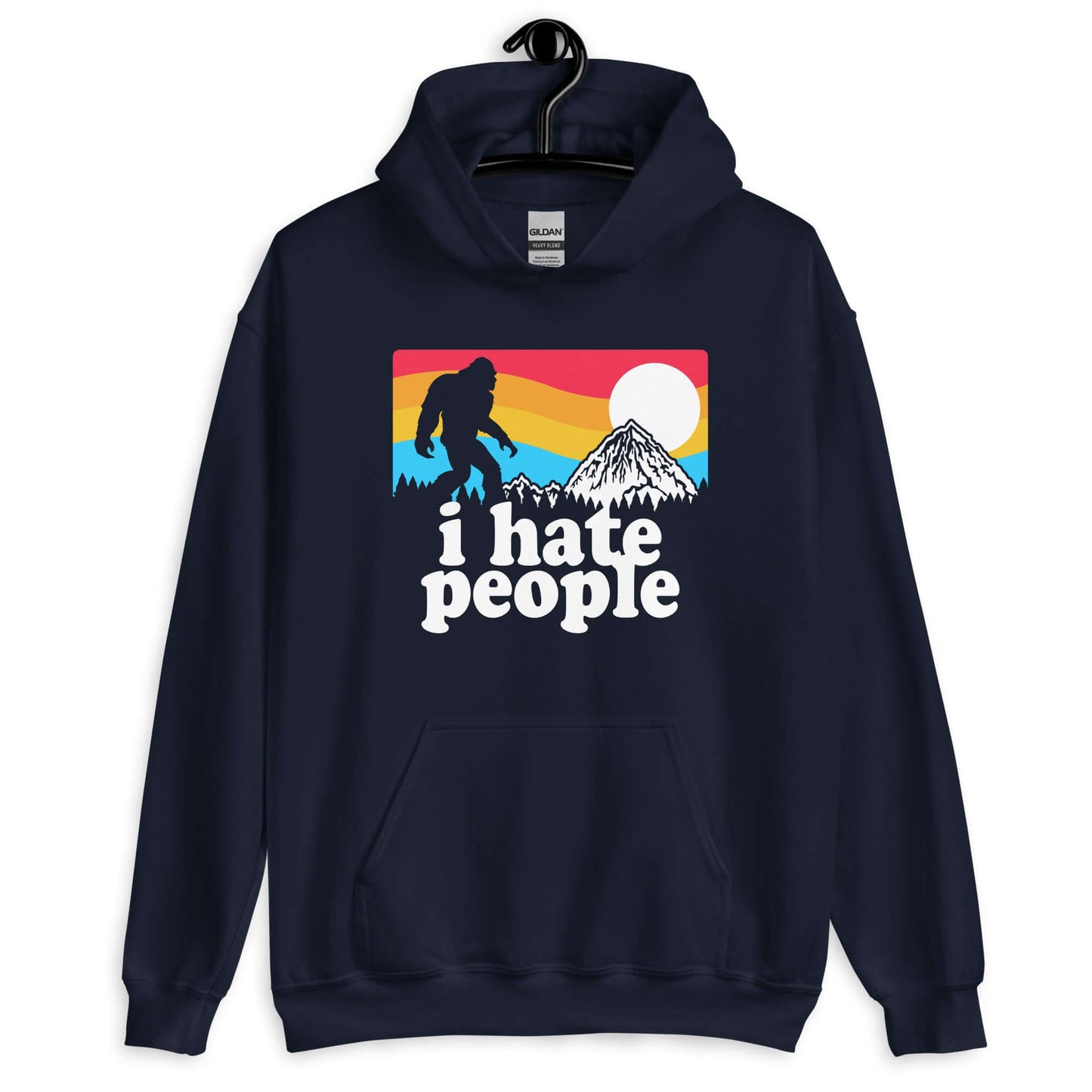 Navy blue hoodie sweatshirt with graphic of Bigfoot walking into the sunset with the words I hate people printed on the front.
