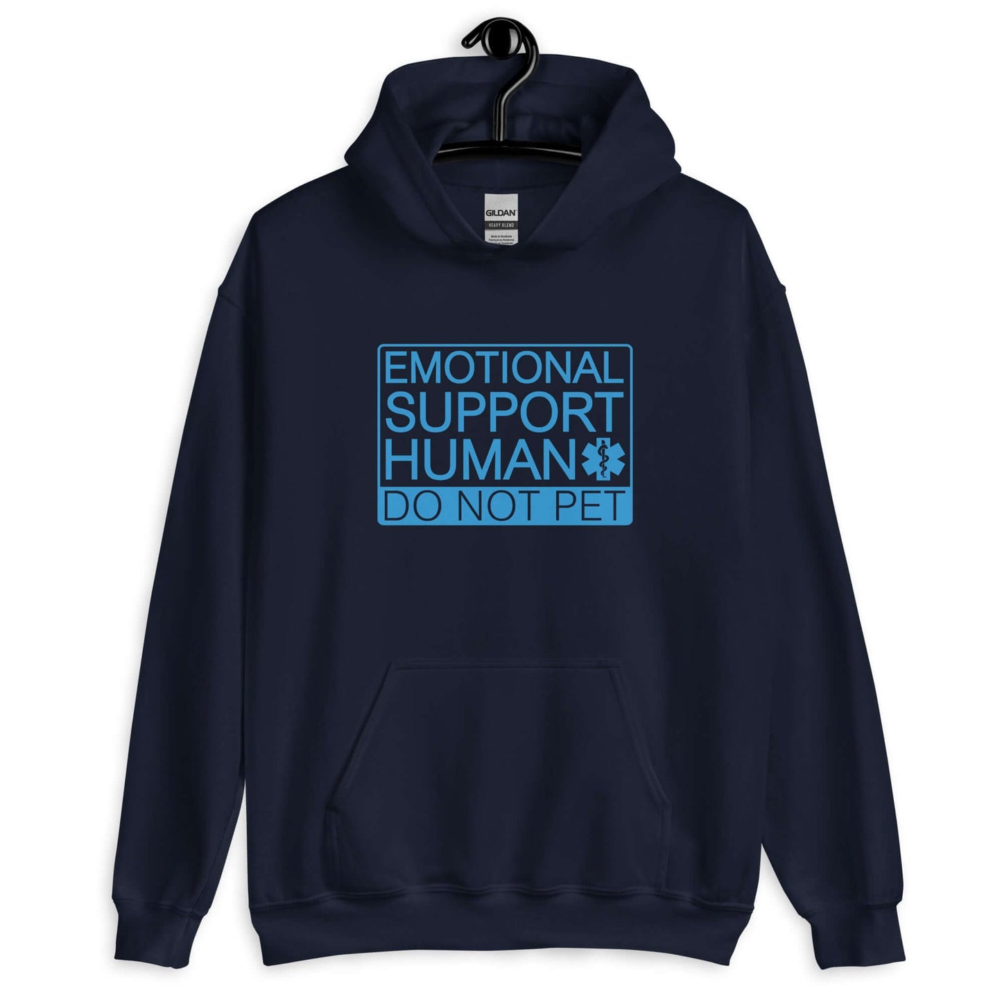Navy blue hoodie sweatshirt with the words Emotional support human, do not pet printed on the front.