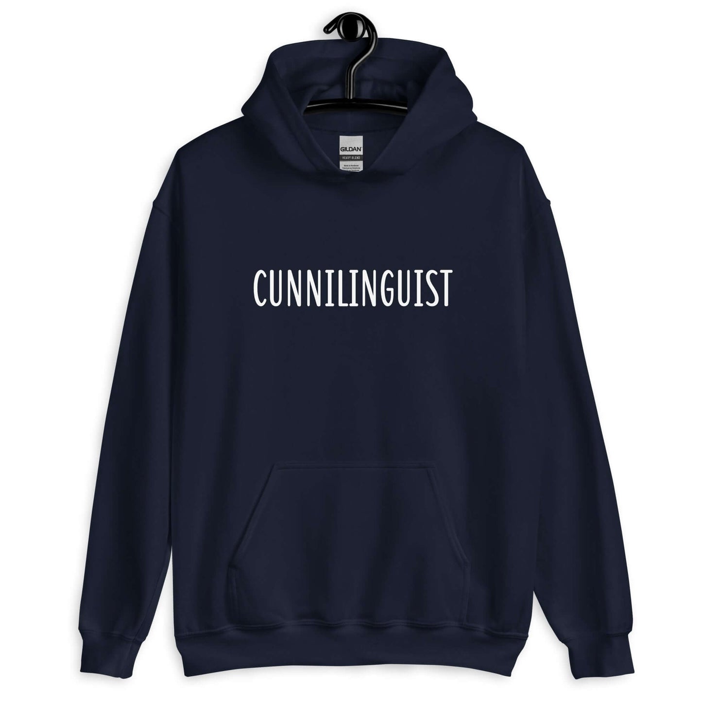 Navy blue hoodie sweatshirt with the word Cunnilinguist printed on the front.