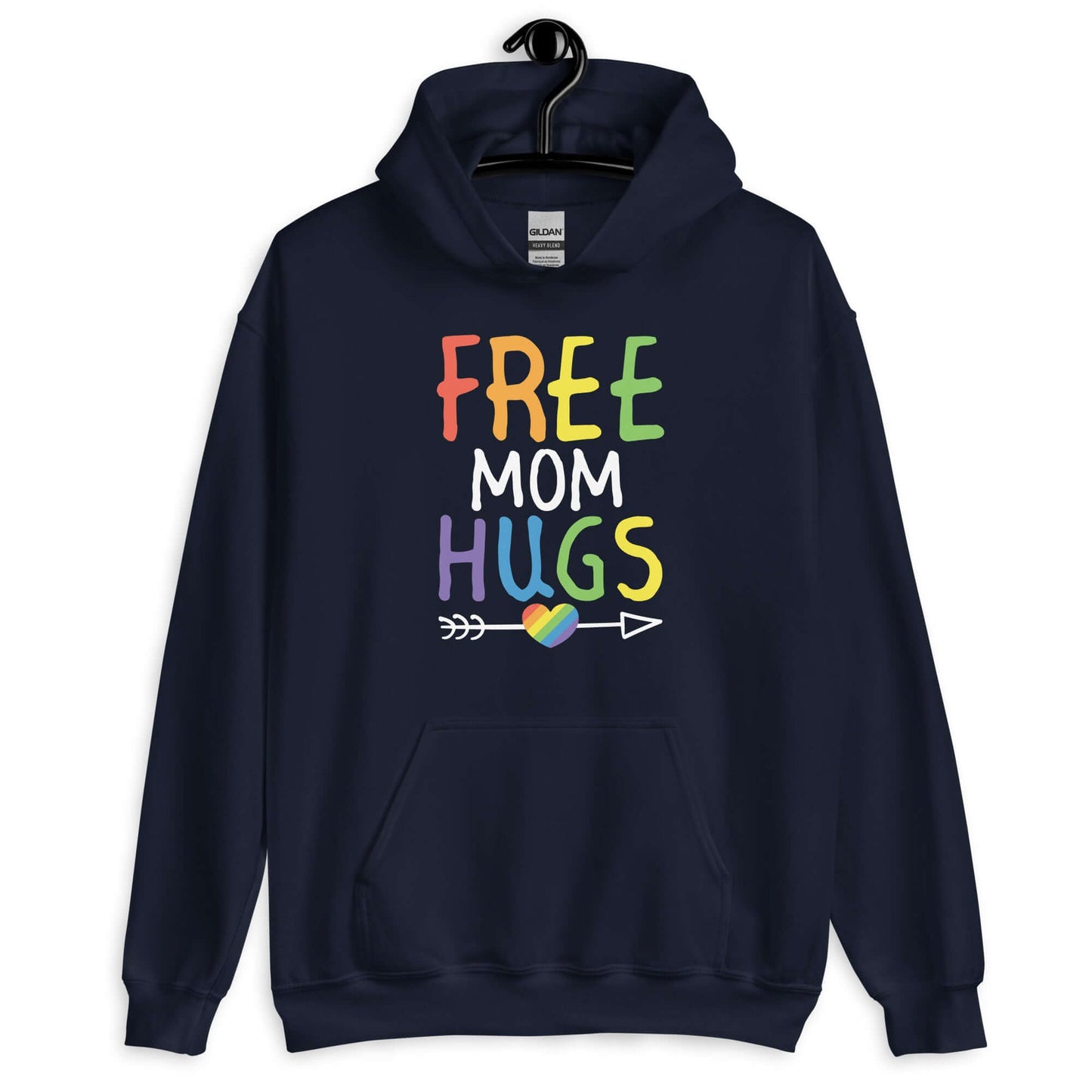 Navy blue hoodie sweatshirt with the phrase Free Mom hugs in rainbow lettering printed on the front.