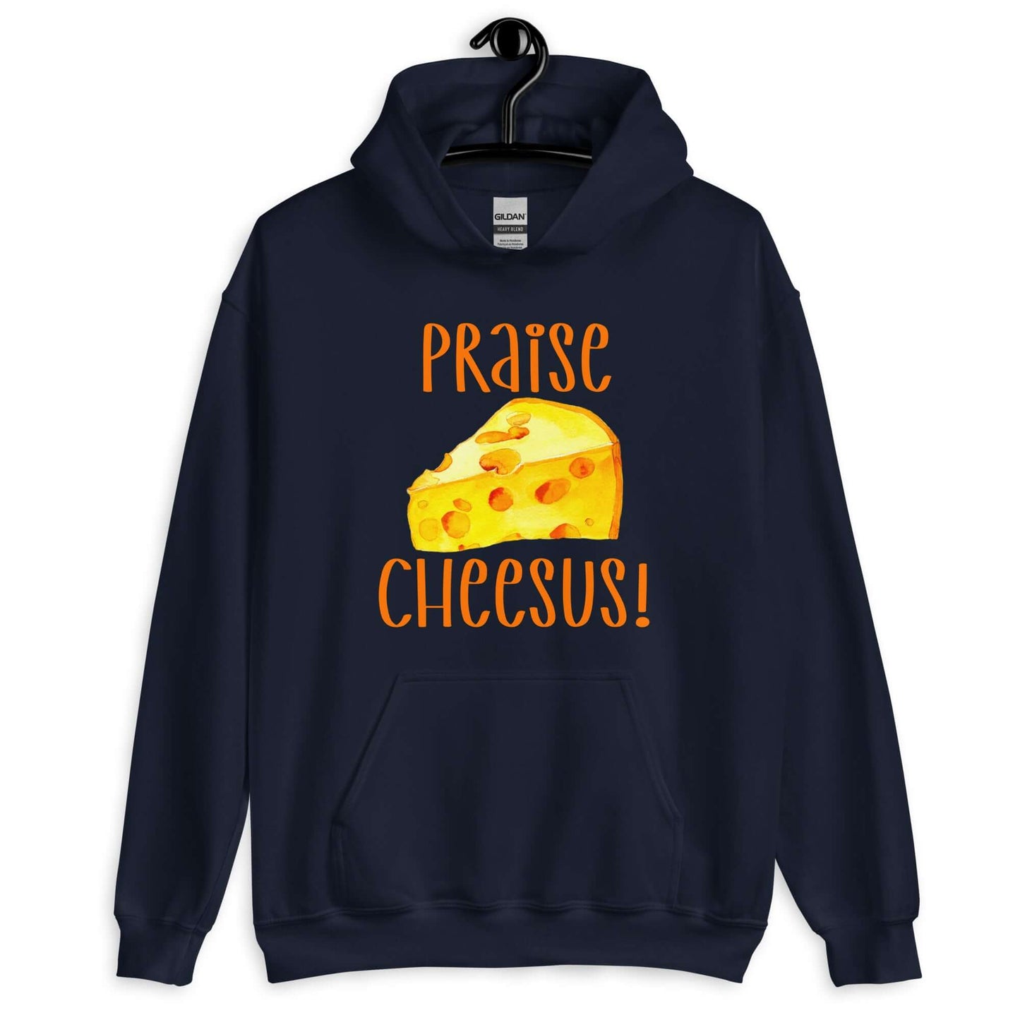 Navy blue hoodie sweatshirt with funny graphics of a piece of swiss cheese and the words Praise Cheesus printed on the front of the hoodie in yellow and orange.