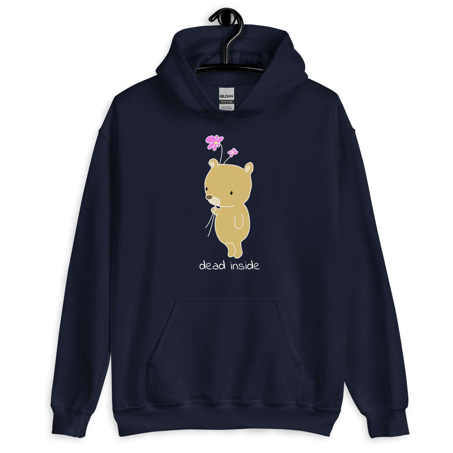 Navy blue hoodie sweatshirt with an image of a cute bear holding 2 pink flowers. The words Dead inside are printed underneath the bear. The graphics are printed on the front of the hoodie.