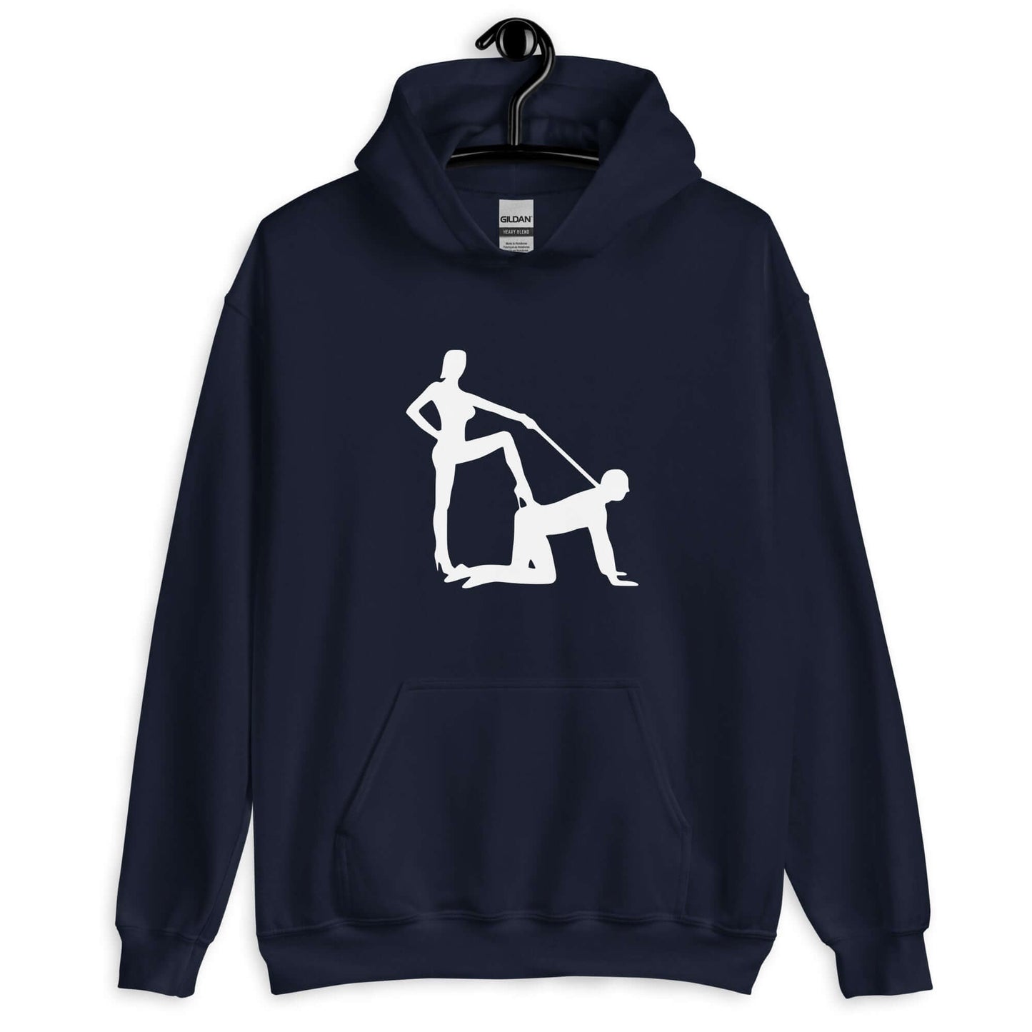 Navy blue hoodie sweatshirt with silhouette image of a man on his hands and knees and a dominatrix holding his leash printed on the front.