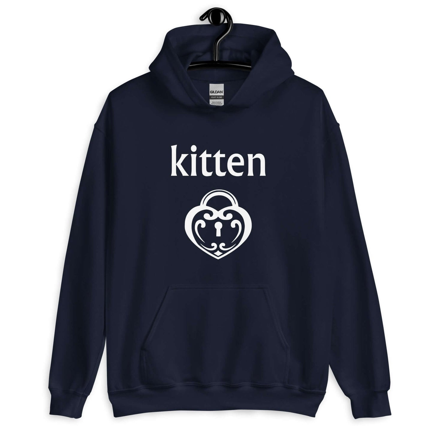 Navy blue hoodie sweatshirt with an image of a heart shaped lock and the word kitten printed on the front.