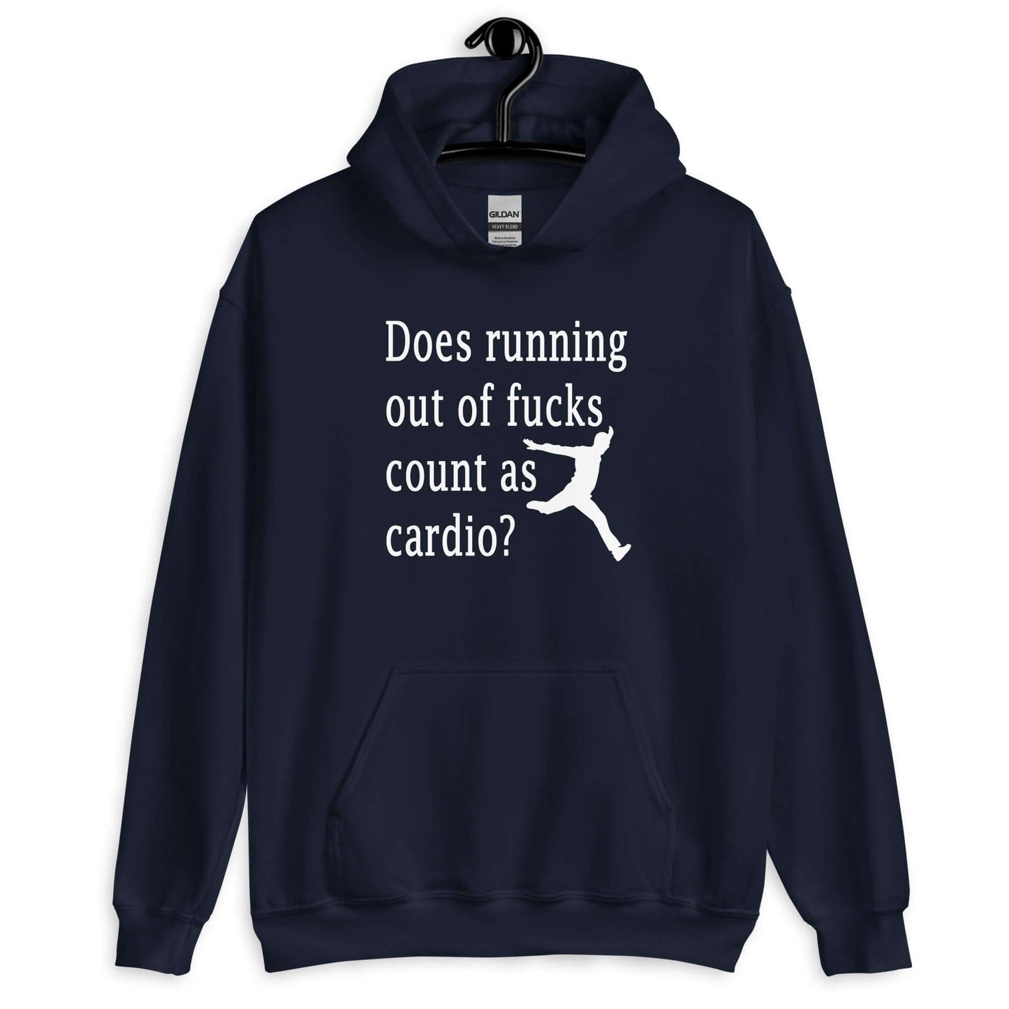 Navy blue hoodie sweatshirt with a silhouette image of a running person with the phrase Does running out of fucks count as cardio question mark printed on the front.