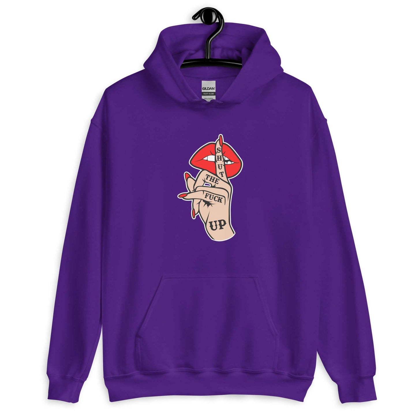 Purple hoodie sweatshirt with an image of a hand over lips making the shh gesture. The words Shut the fuck up are printed on the hand. The graphics are printed on the front of the hoodie.