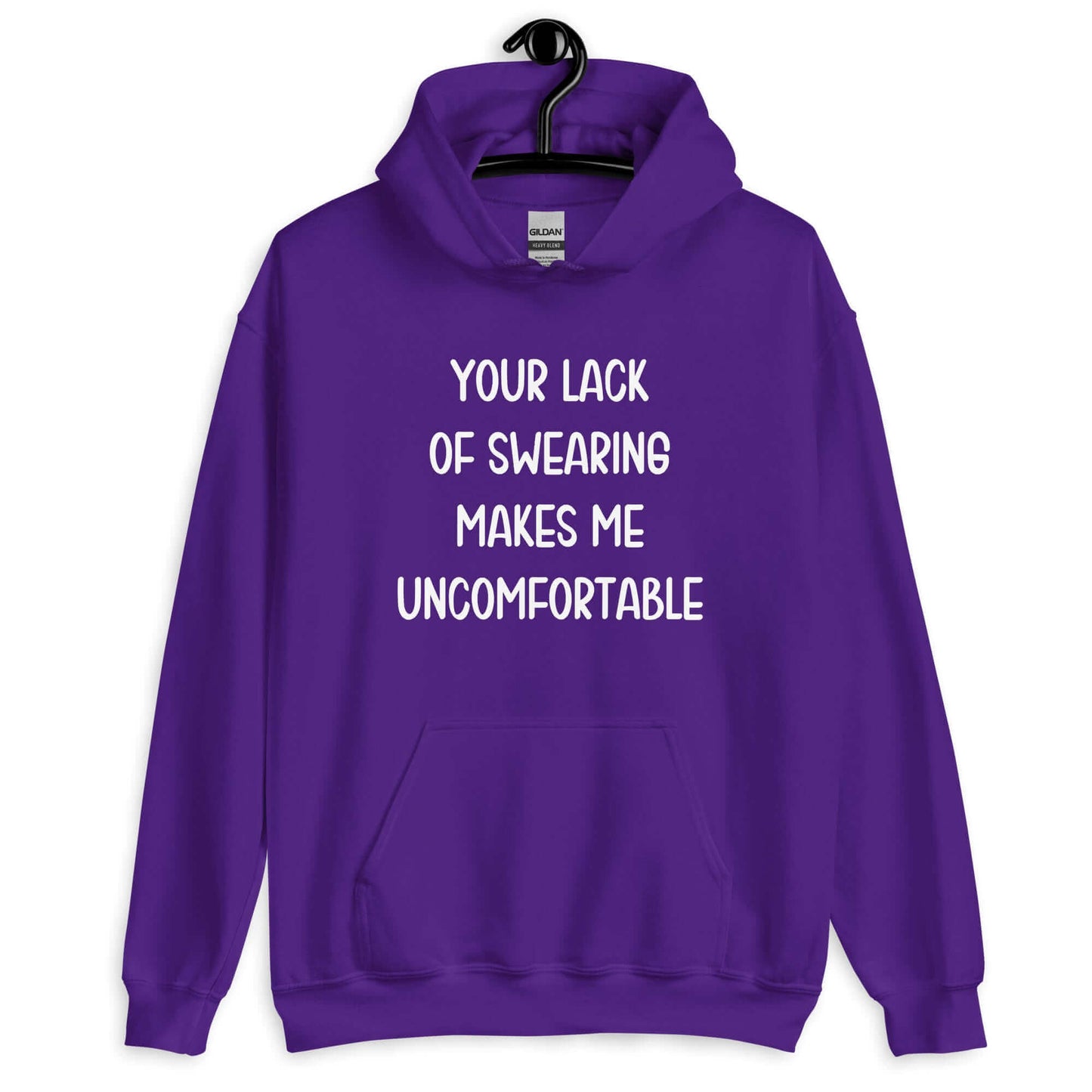 Purple hoodie sweatshirt with the phrase Your lack of swearing makes me uncomfortable printed on the front.