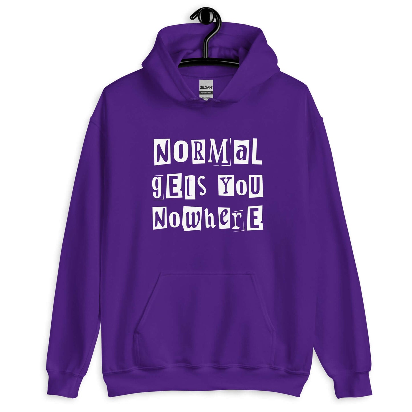 Purple hoodie sweatshirt with the phrase Normal gets you nowhere printed on the front.