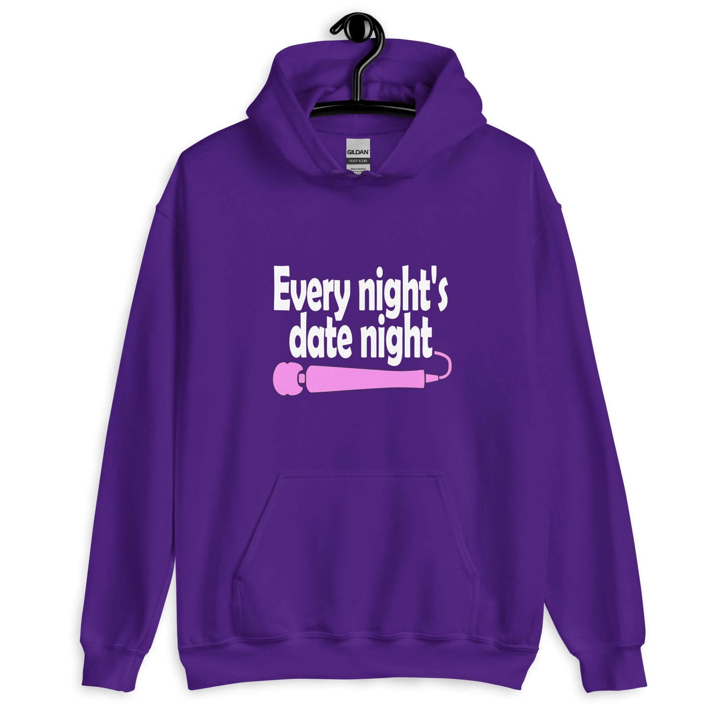 Purple hoodie sweatshirt with the phrase Every night is date night with a hot pink wand vibrator printed beneath. The graphics are printed on the front of the hoodie.