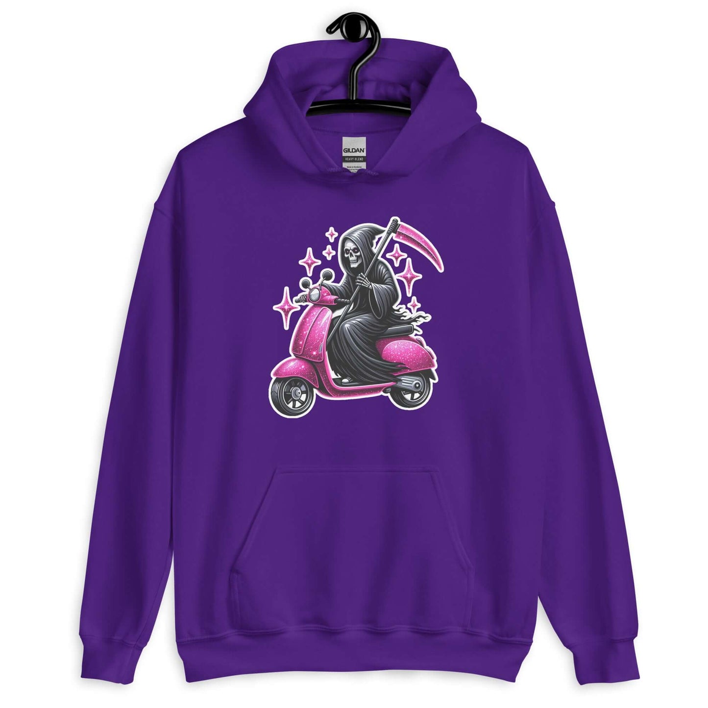 Purple hoodie sweatshirt with funny image of the Grim Reaper riding on a glam pink scooter printed on the front.