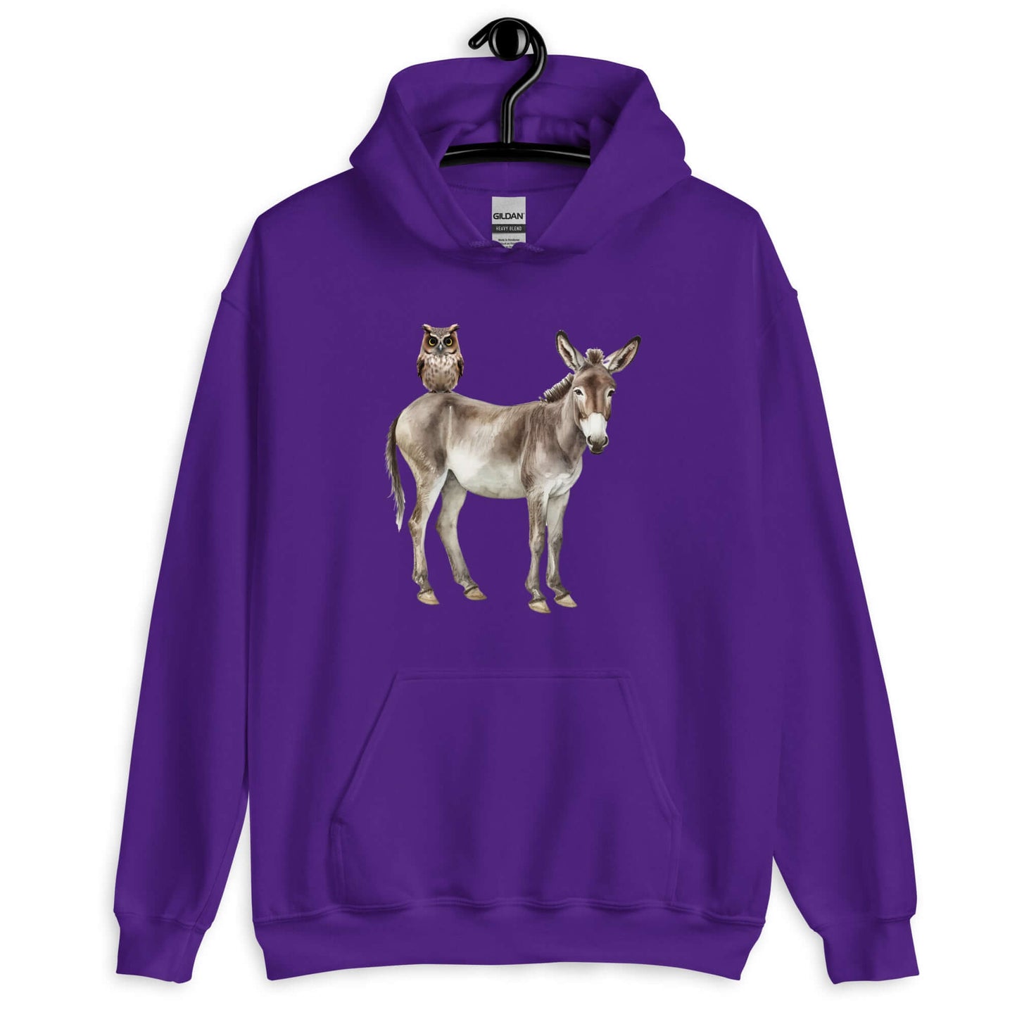 Purple hoodie sweatshirt with image of a donkey with wise owl sitting on it. The graphic is printed on the front of the hoodie.