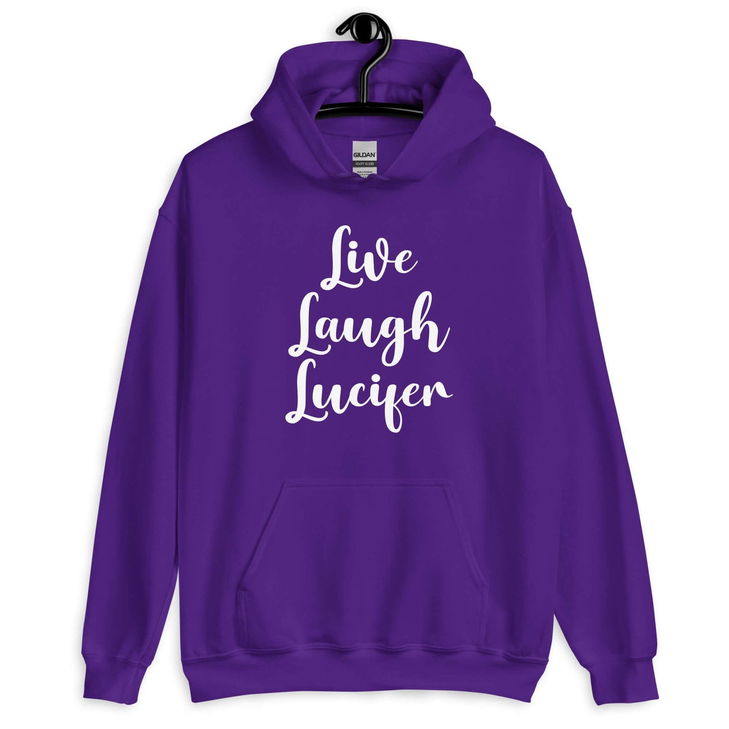 Purple hoodie sweatshirt with the parody phrase Live, Laugh, Lucifer printed on the front.