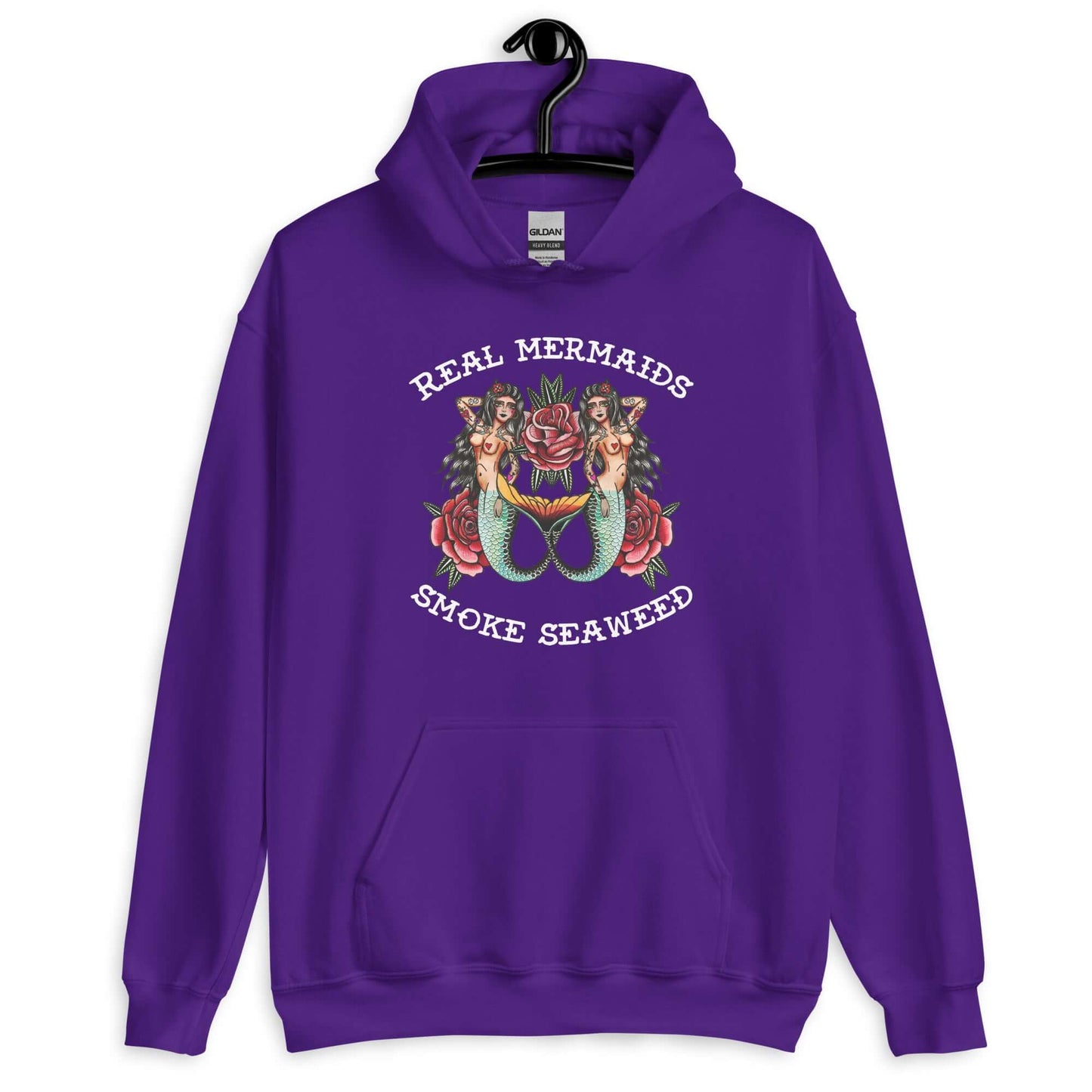 Purple hoodie sweatshirt with image of 2 mermaids and the words Real mermaids smoke seaweed printed on the front.