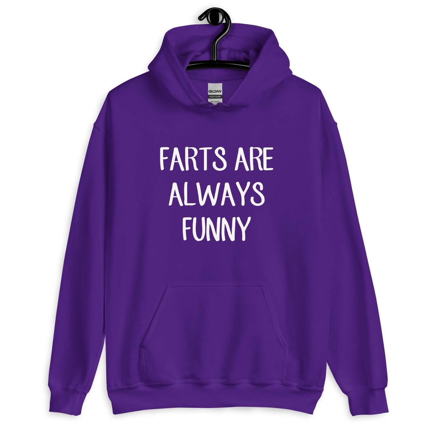 Purple hoodie sweatshirt with the phrase Farts are always funny printed on the front.
